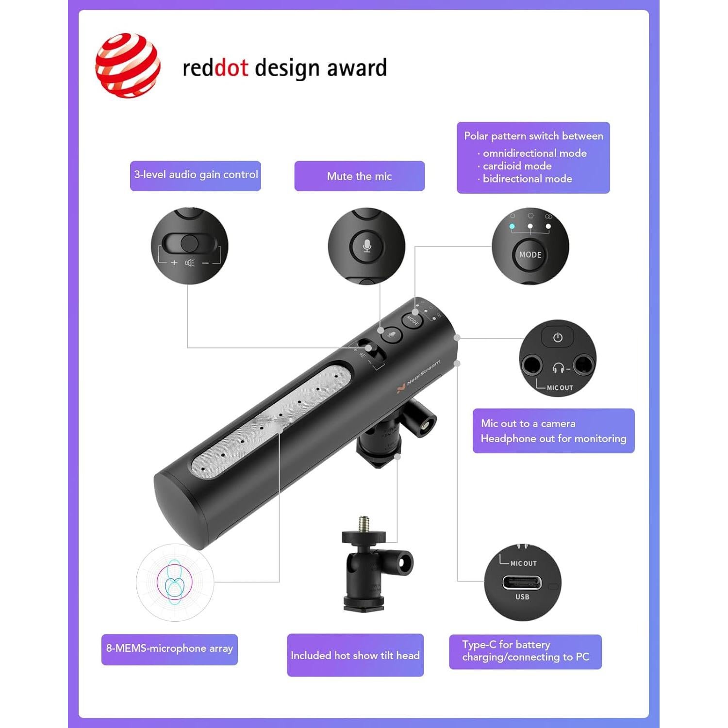 Micrófono USB NUROUM AM10B, 15h Batería, 3 Patrones, Cancelación Ruido