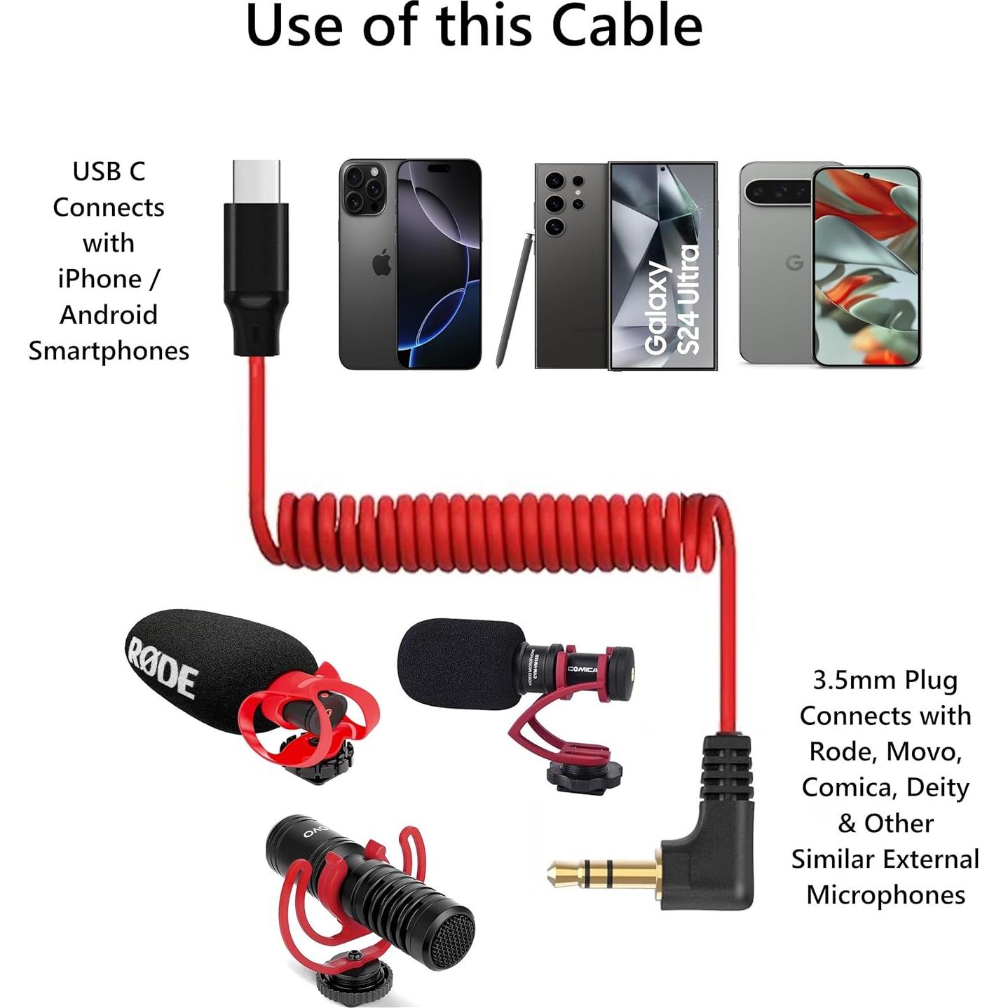Cable de micrófono USB C a 3.5mm TRS para Rode y otros