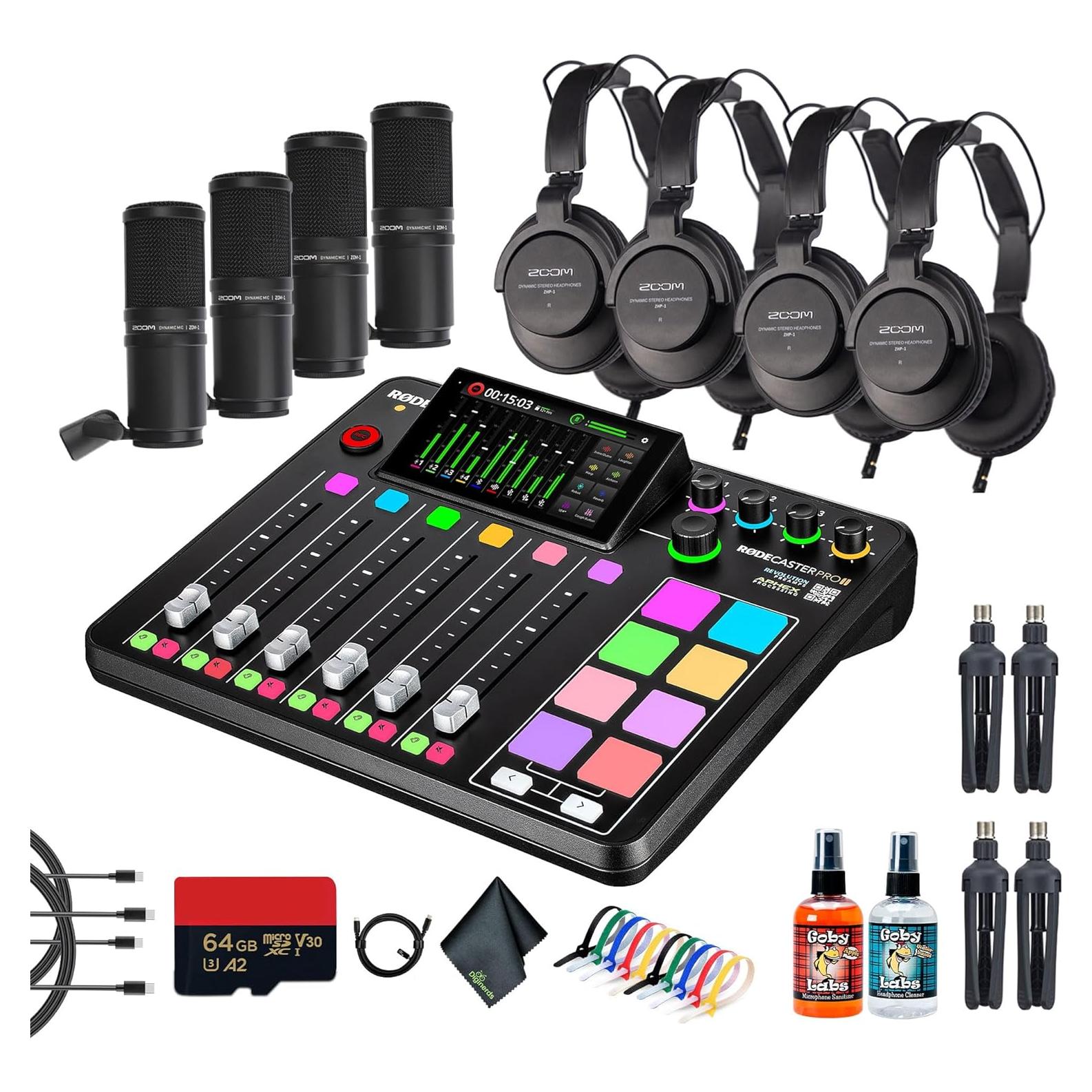 RODE RODECaster Pro II + 4 Auriculares + 4 Micrófonos + 64GB SD