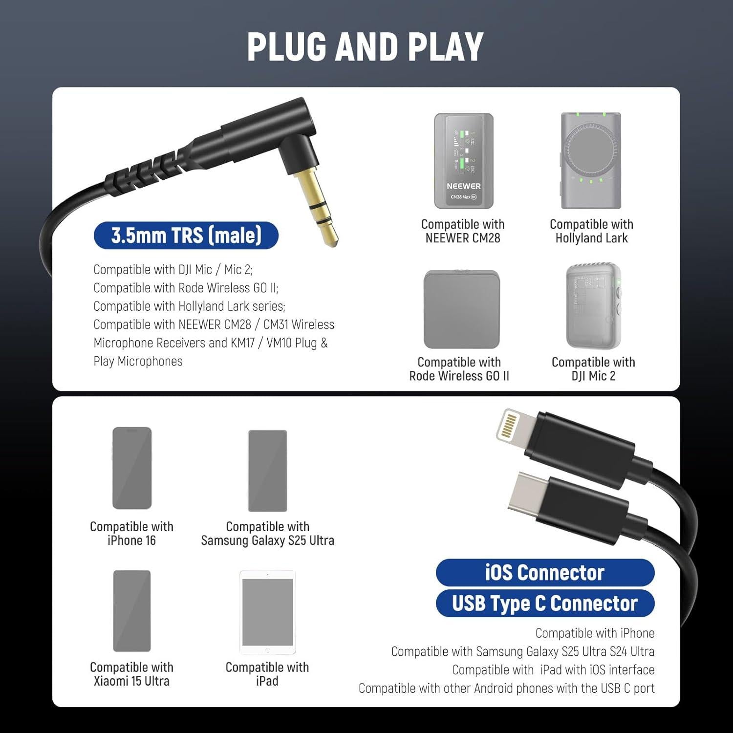 Cable de Audio NEEWER 3.5mm TRS a USB C y iOS - LM17