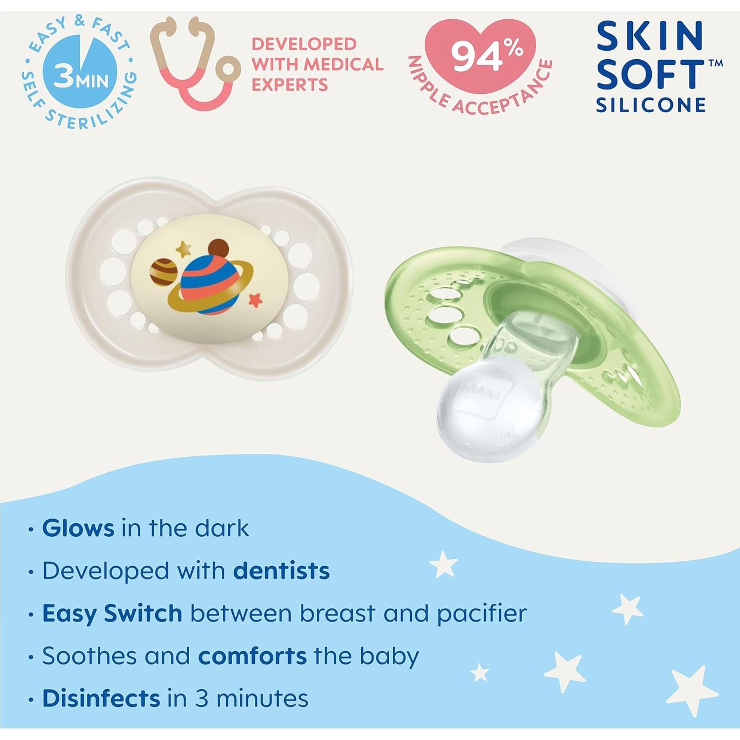 Chupetes MAM Original de Noche 2 Unidades Silicona BPA Libre