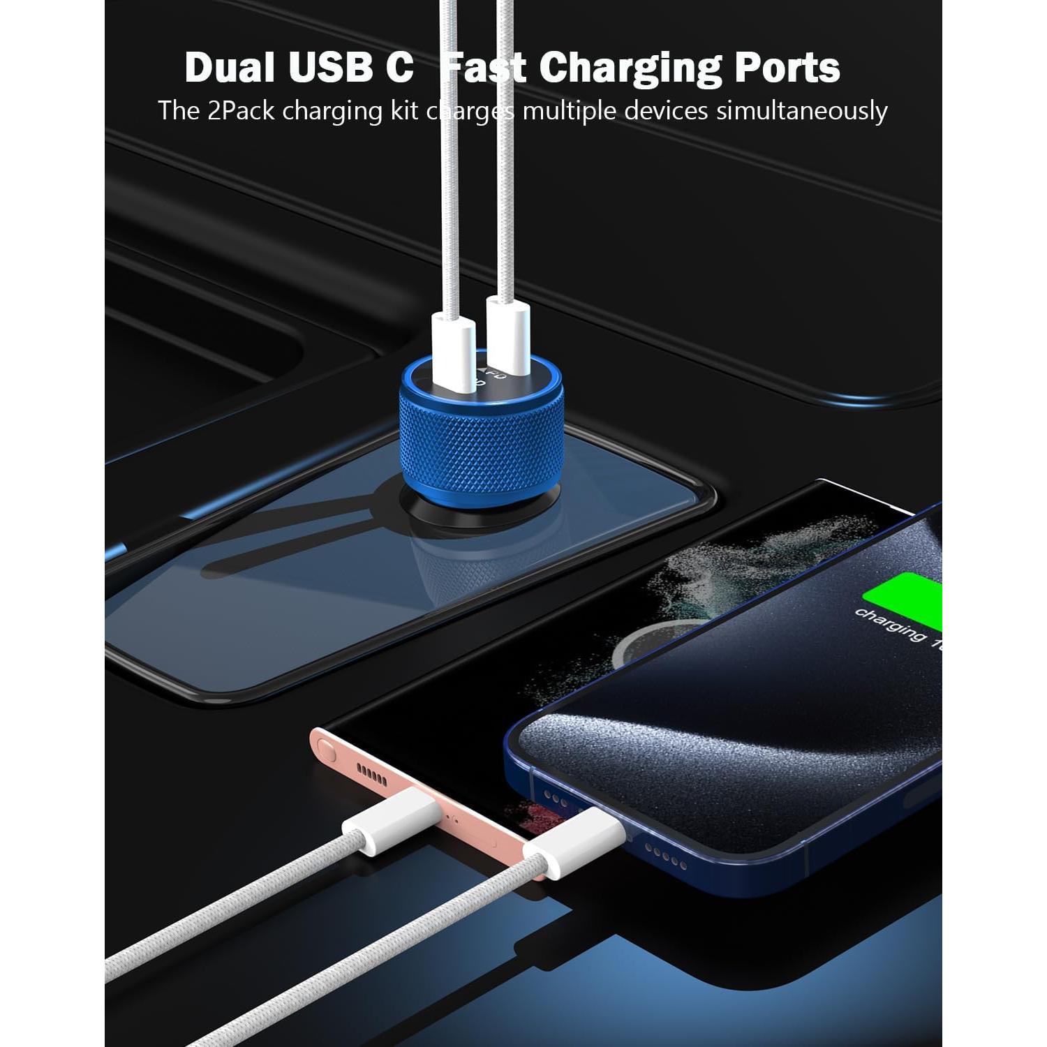 Cargador de coche rápido USB C para iPhone 16 - 2PACK Azul