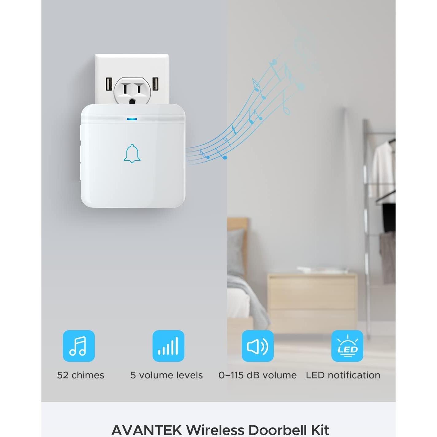Timbre Inalámbrico AVANTEK D-3F 396m 52 Melodías LED