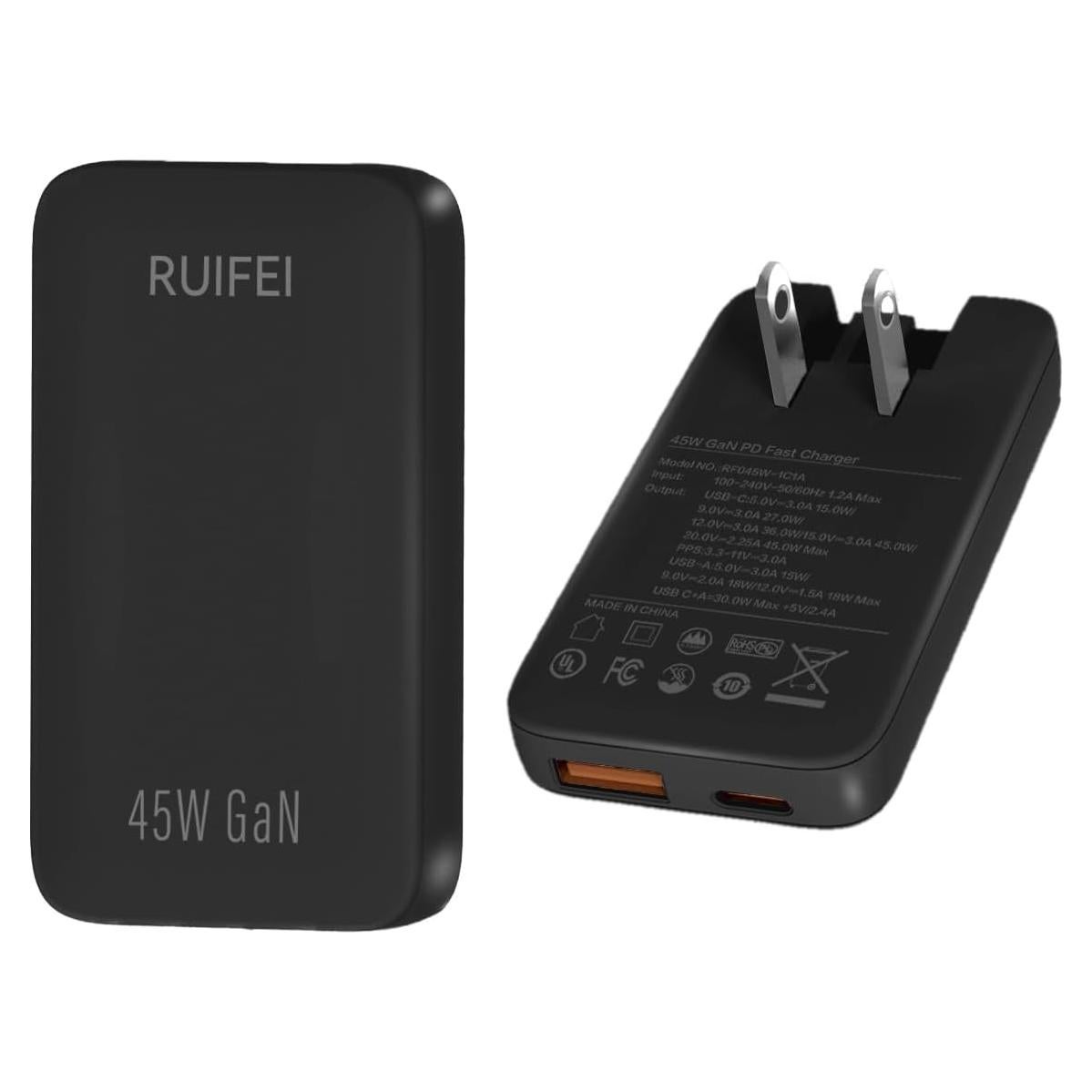 Cargador de pared USB C 45W RUIFEI con 2 puertos - Negro