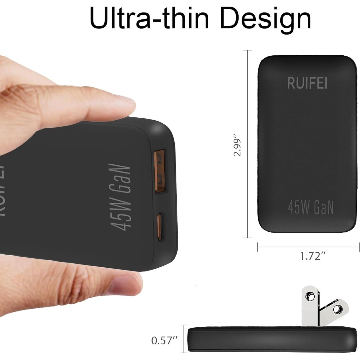 Cargador de pared USB C 45W RUIFEI con 2 puertos - Negro
