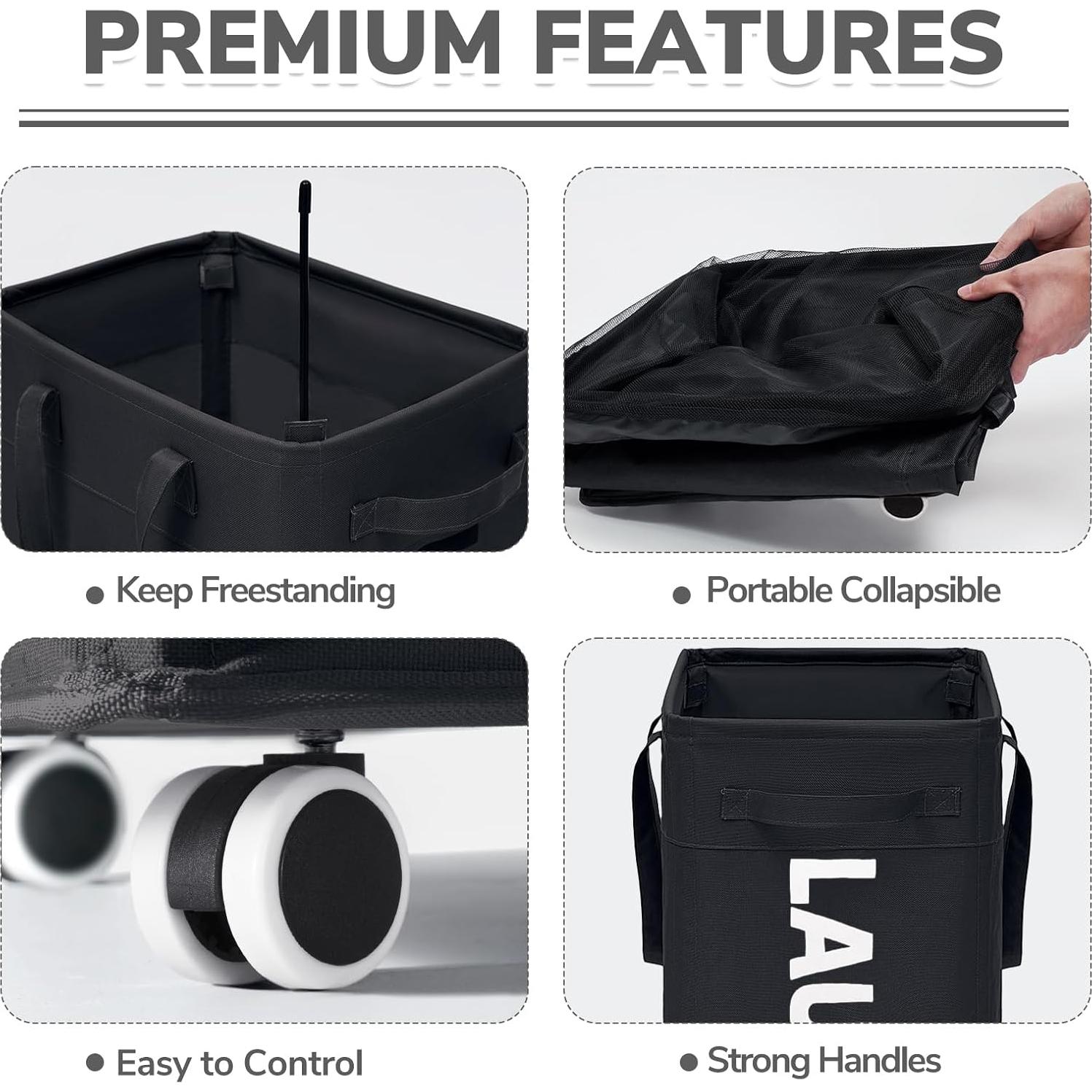 Cesto de Ropa CHICVITA 75L con Ruedas y Bolsa Extraíble Negro