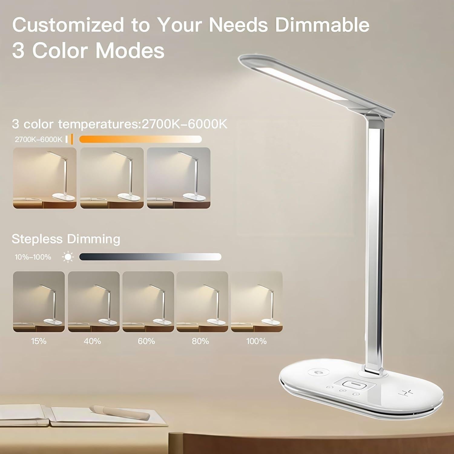 Lámpara de Escritorio LED Reankani con Cargador Inalámbrico 3 Modos