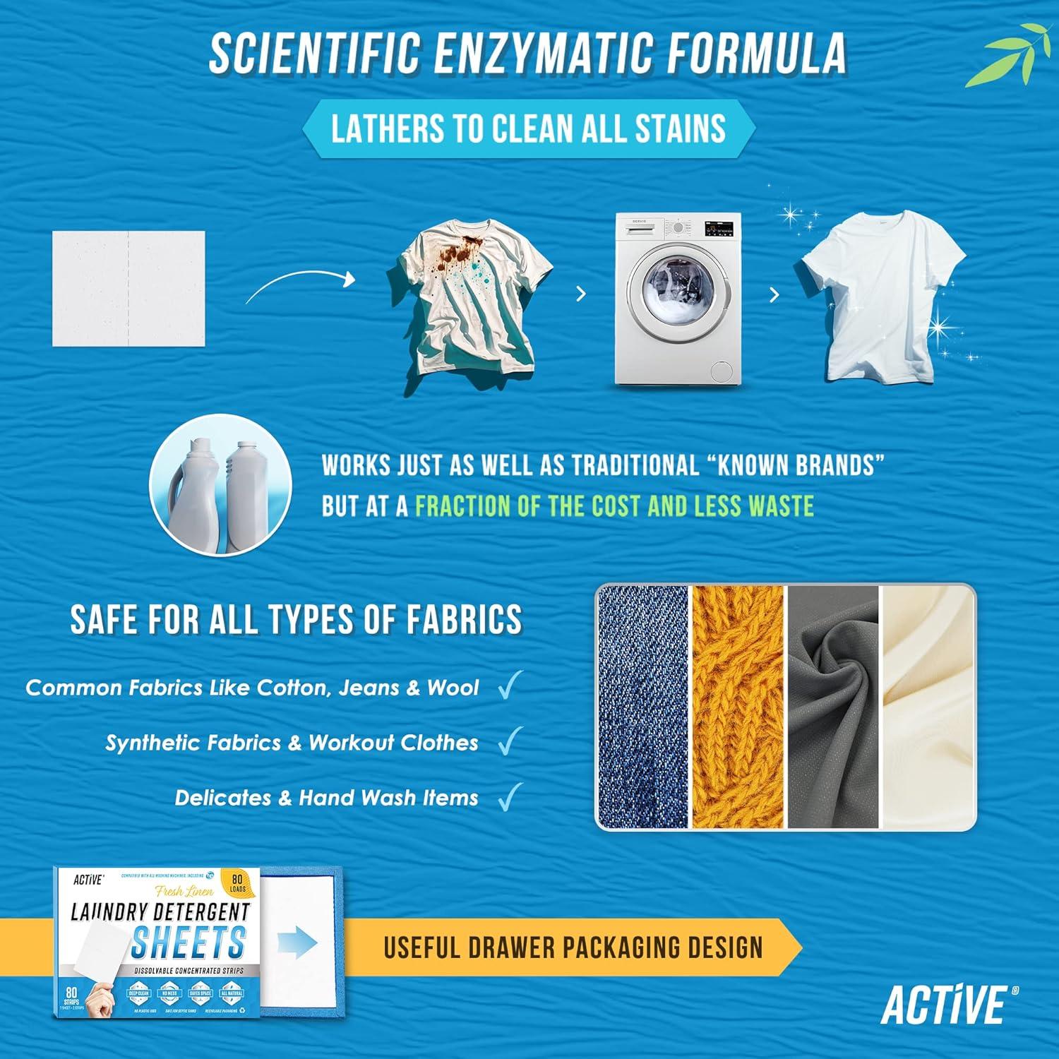 Hojas de Detergente Ecológicas ACTIVE - 80 Lavados, Fragancia Lino