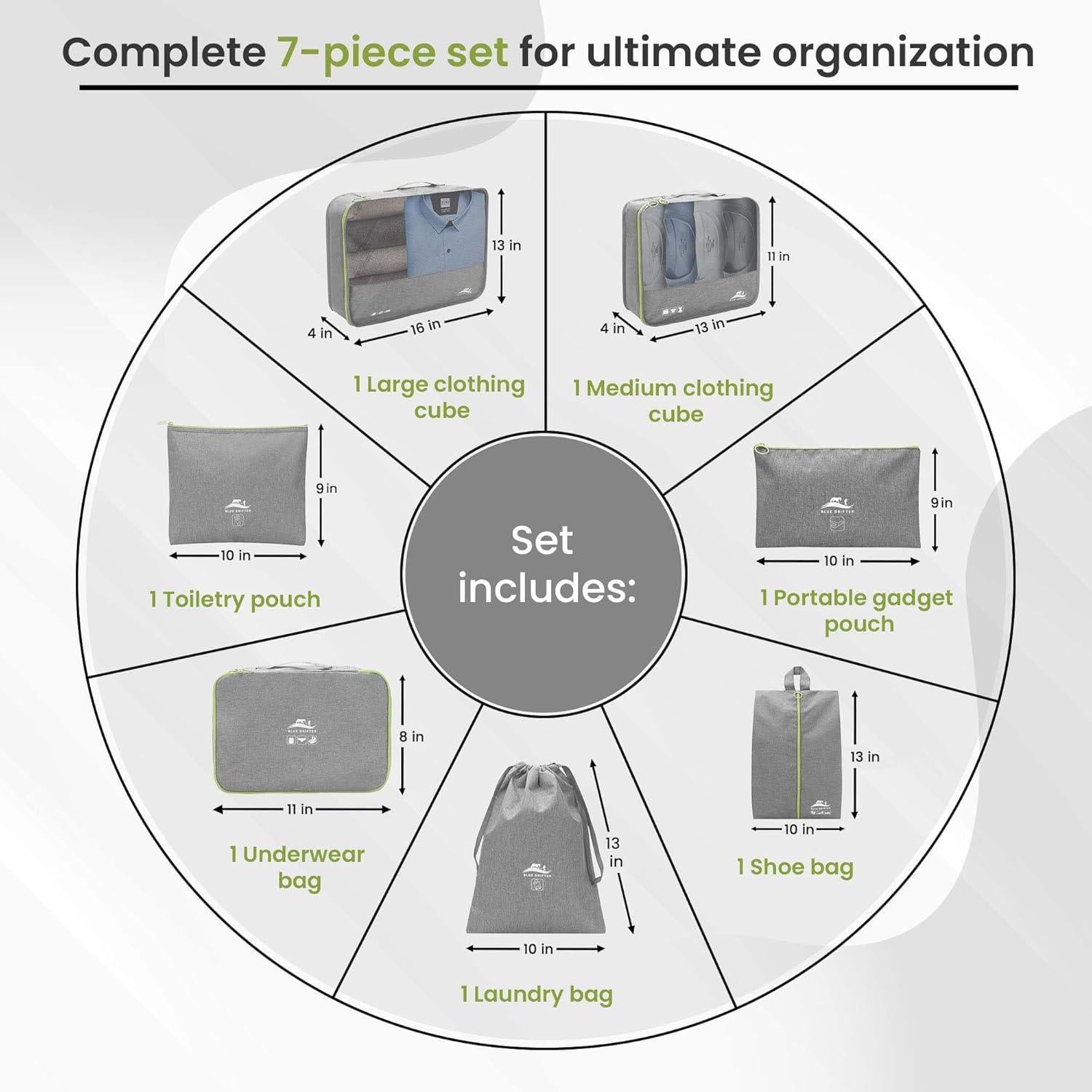 7 Cubos de Empaque Blue Drifter para Maletas - Gris Ceniza