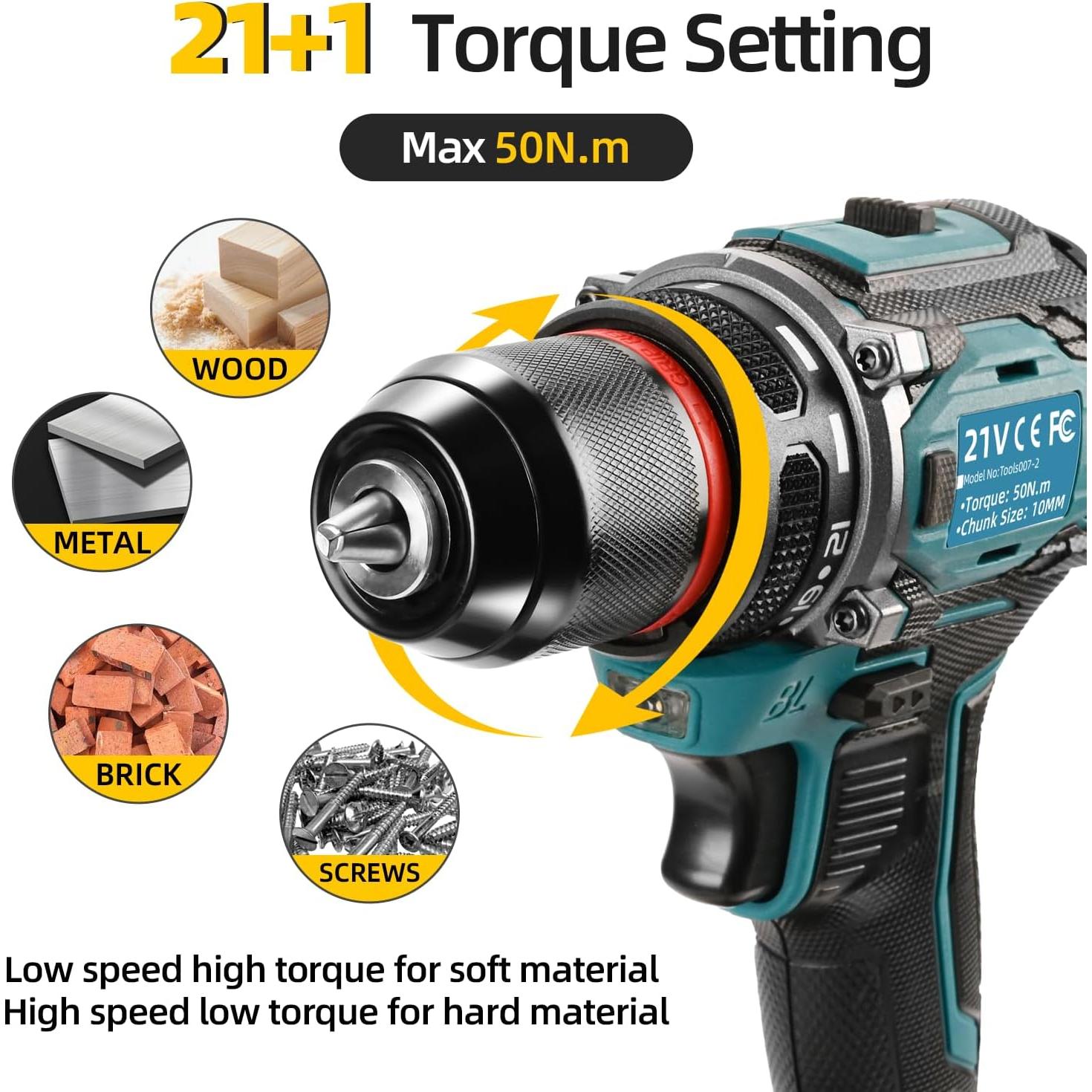 Taladro Inalámbrico 21V Tools 007 con 2 Baterías y Luz LED