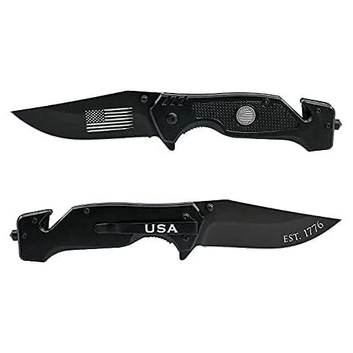 Cuchillo Táctico Plegable Negro Tienda de Regalos Militares - Hoja 8.89 cm Acero Inoxidable con Bandera Americana