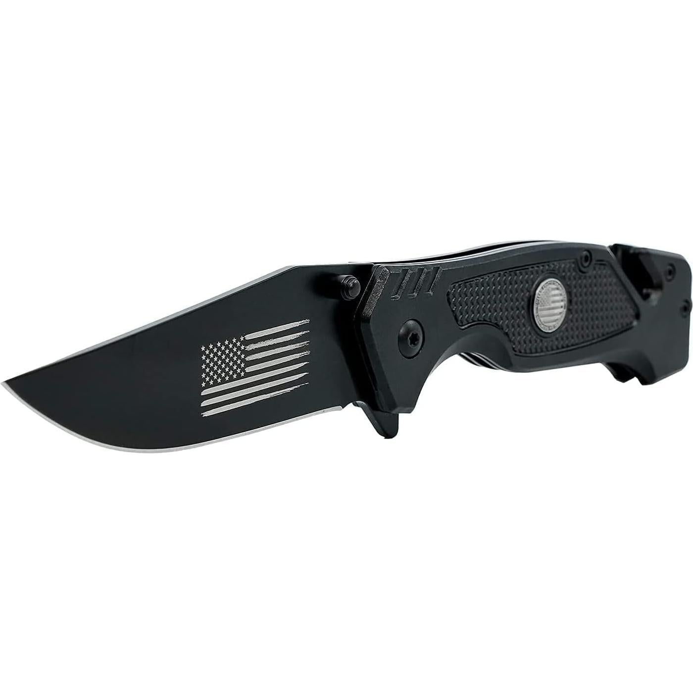 Cuchillo Táctico Plegable Negro Tienda de Regalos Militares - Hoja 8.89 cm Acero Inoxidable con Bandera Americana