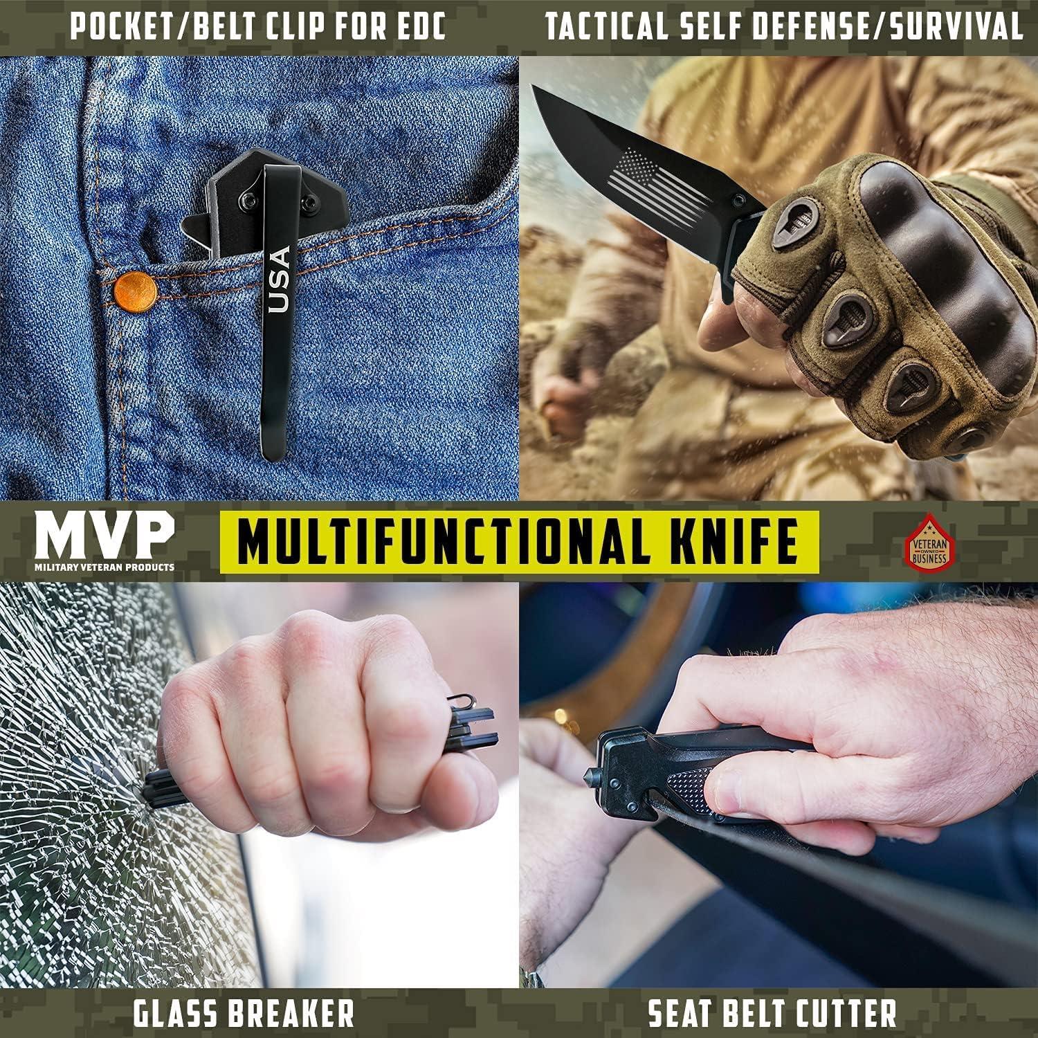 Cuchillo Táctico Plegable Negro Tienda de Regalos Militares - Hoja 8.89 cm Acero Inoxidable con Bandera Americana