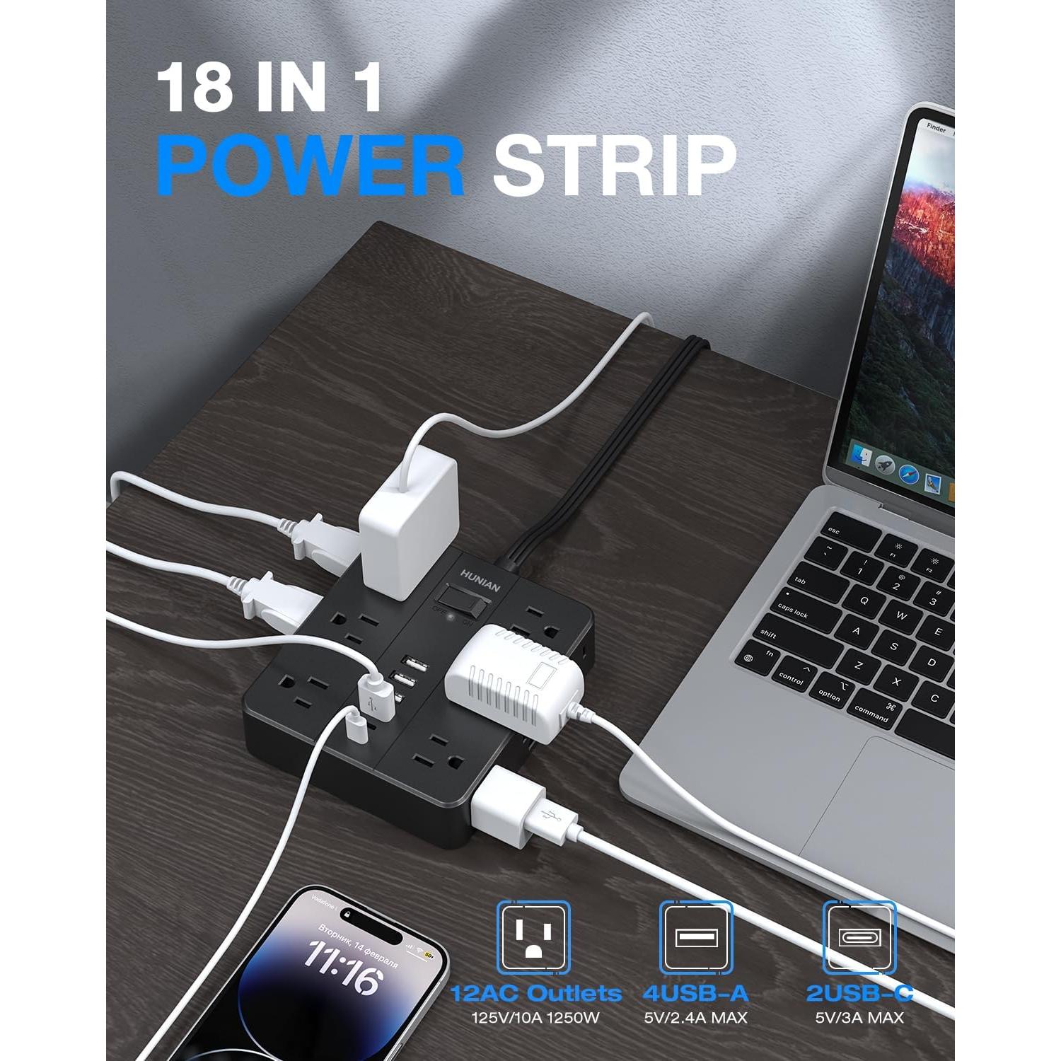 Regleta de Enchufes HUNIAN 1.5m con 12 Tomas y 6 USB