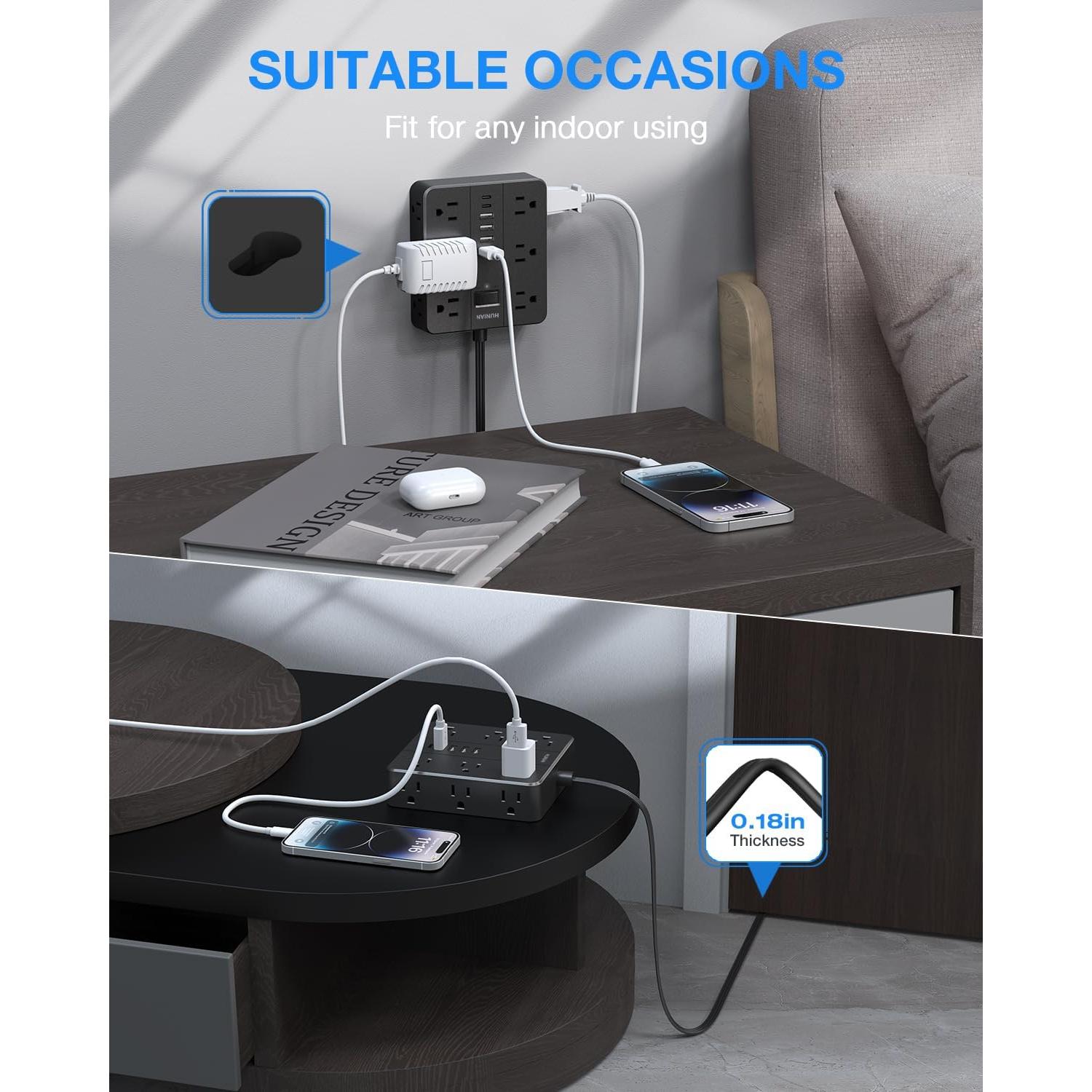 Regleta de Enchufes HUNIAN 1.5m con 12 Tomas y 6 USB