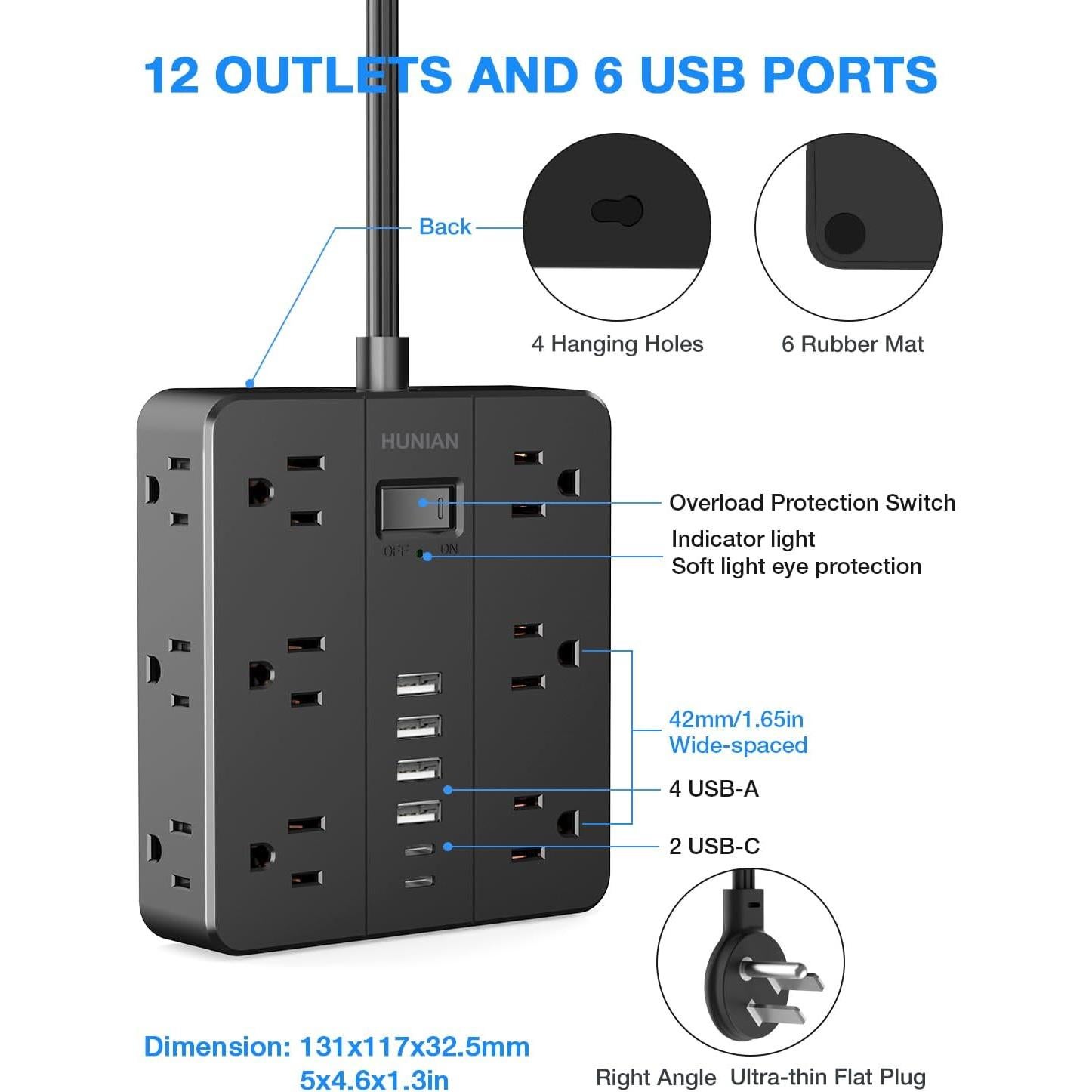 Regleta de Enchufes HUNIAN 1.5m con 12 Tomas y 6 USB