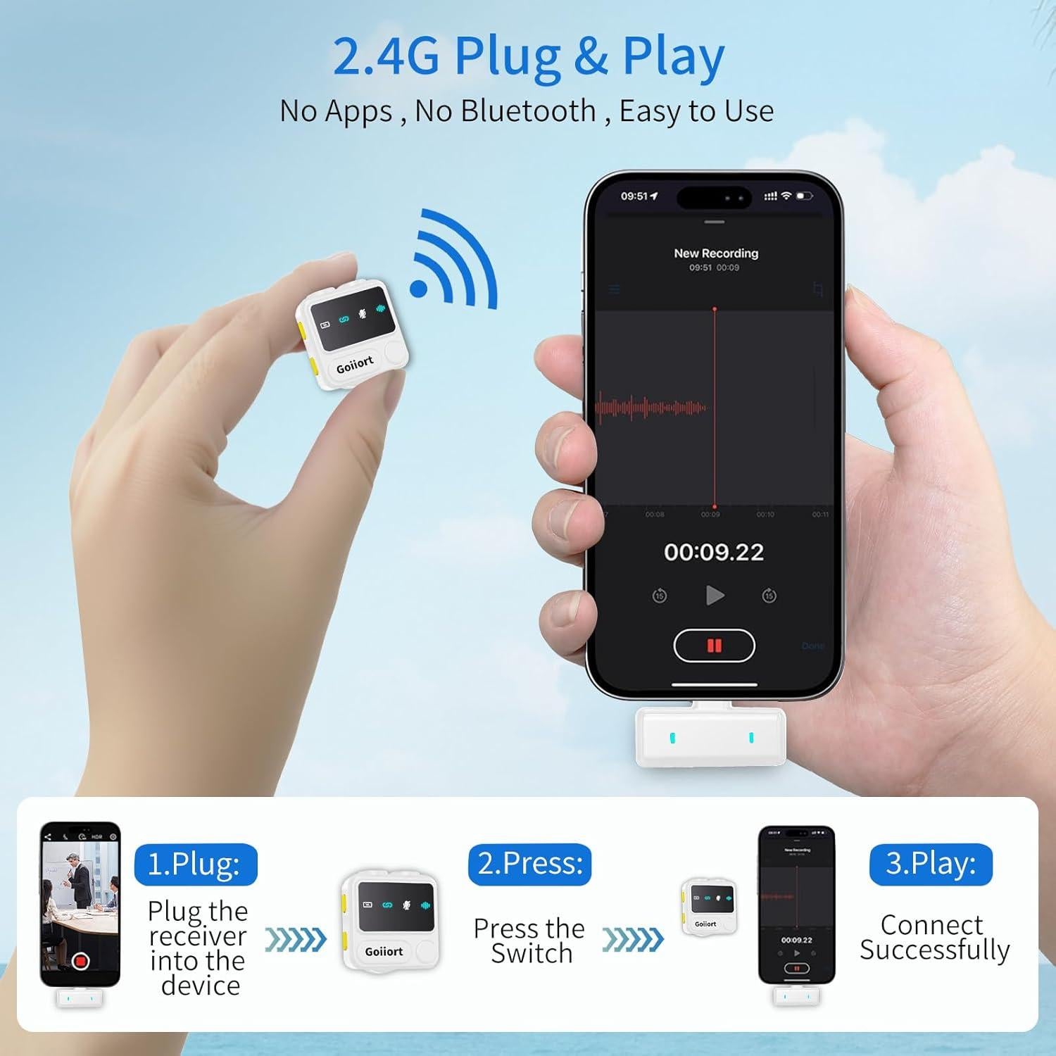 Micrófono Lavalier Inalámbrico Goiiort para iPhone - 30H Batería