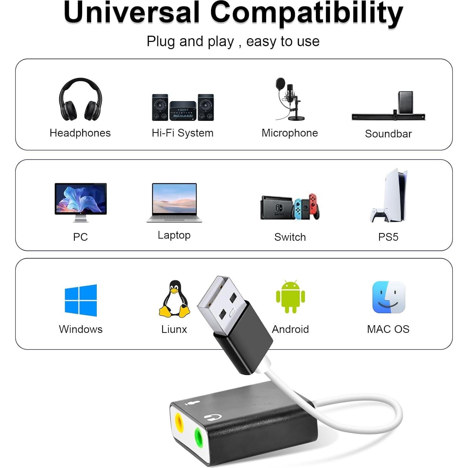 Adaptador de Audio USB QAJOPFN a 3.5mm para PC y Laptop