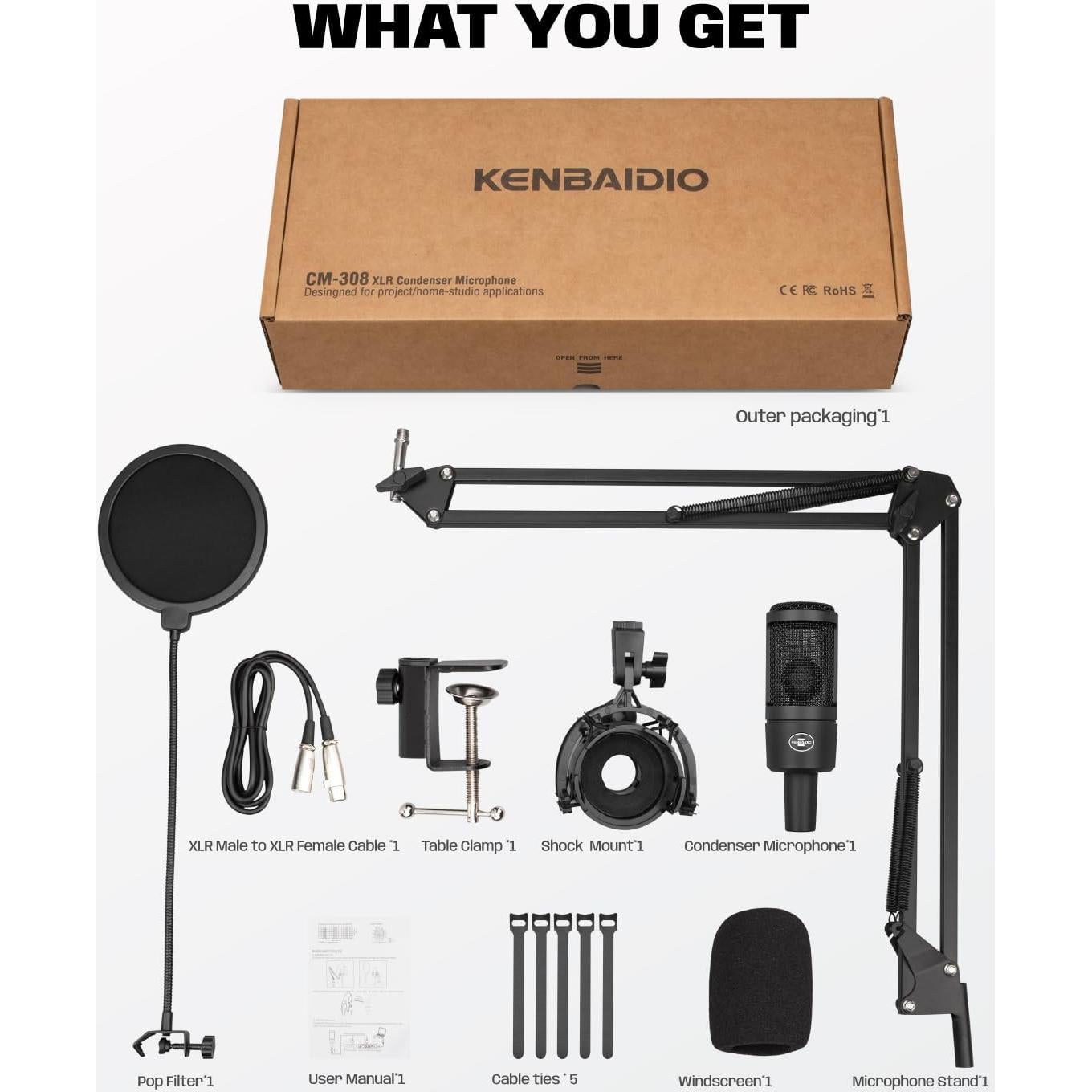 Micrófono de Condensador XLR KENBAIDIO con Brazo y Filtro Antipop