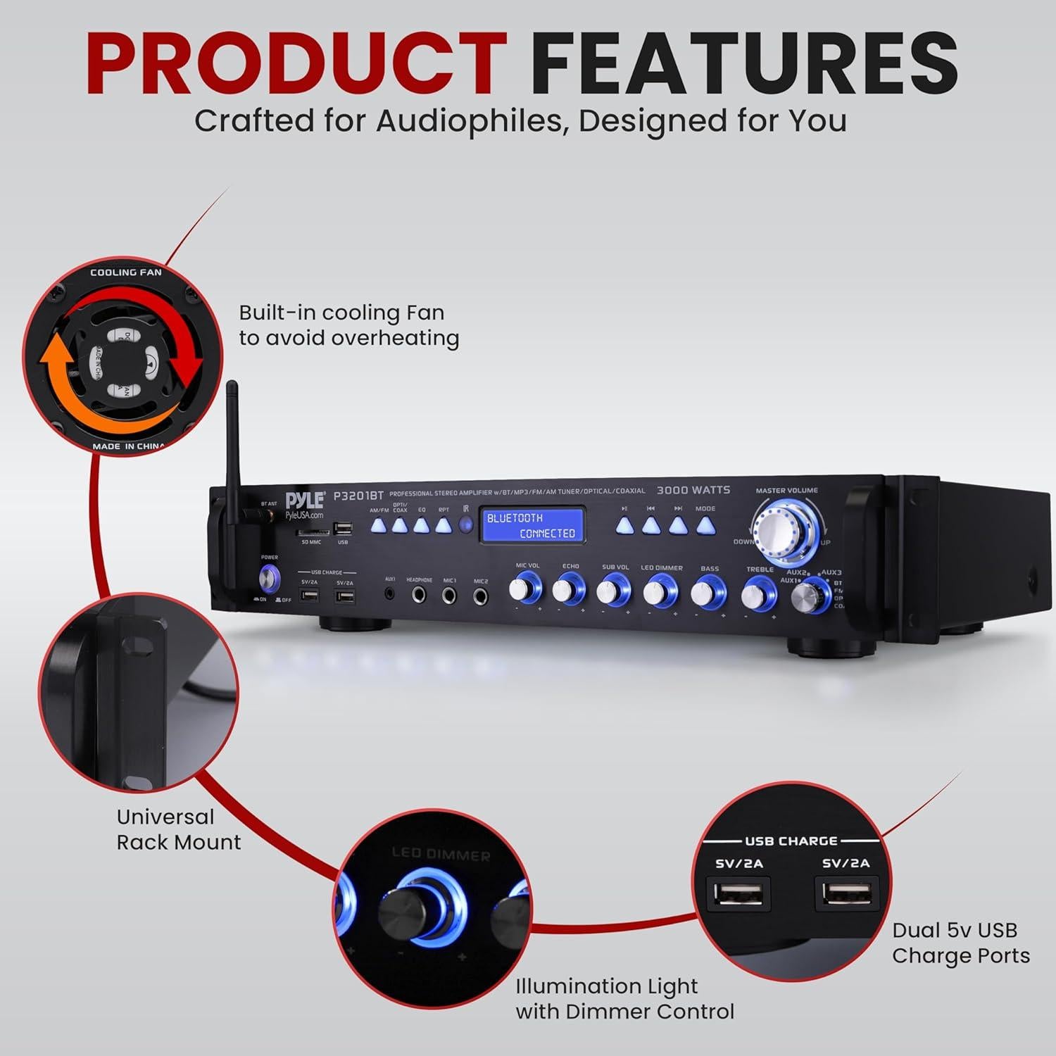 Receptor Preamplificador Bluetooth Pyle P3201BT 3000W Estéreo