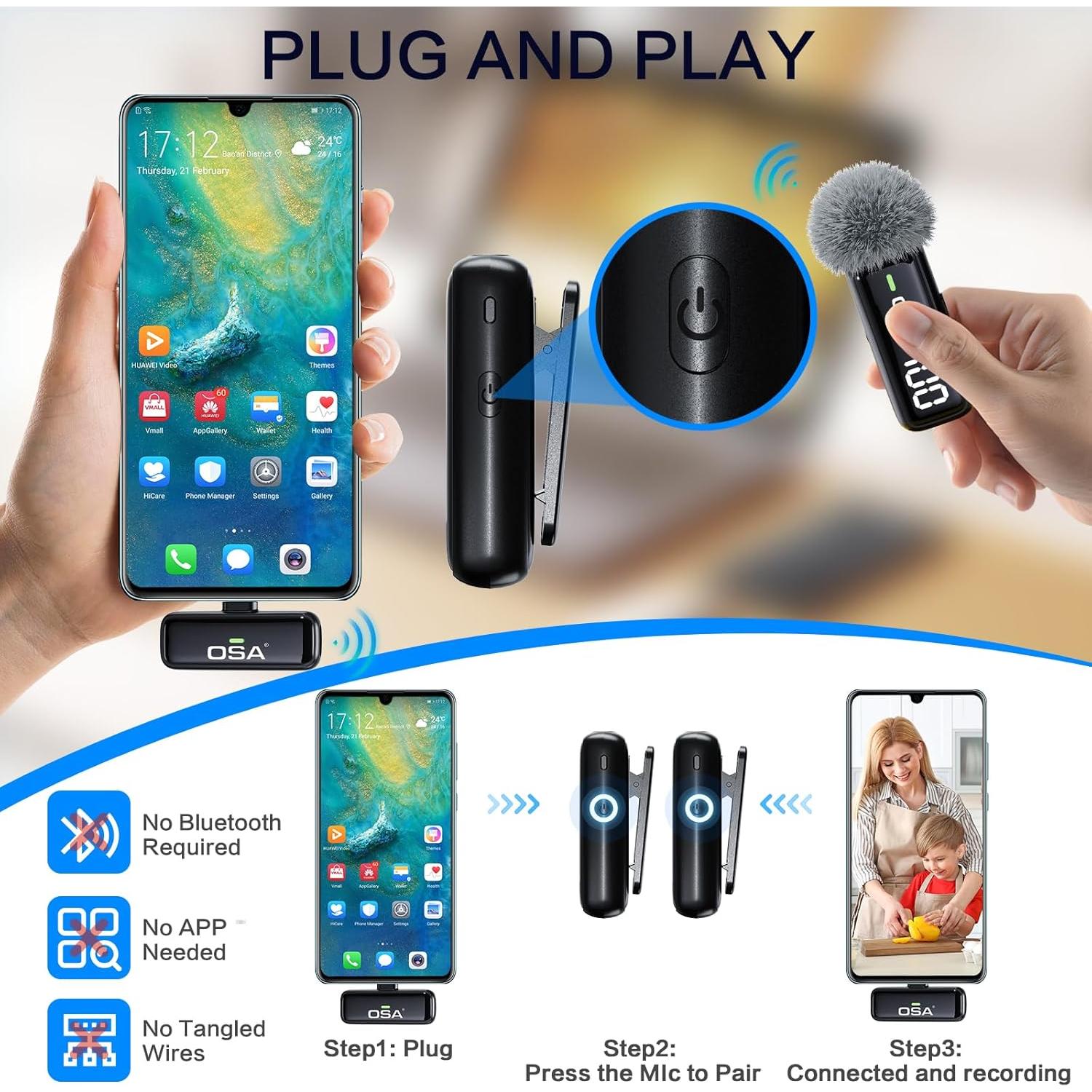 Micrófono Lavalier Inalámbrico OSA K6 Tipo C - Set de 2 con Estuche