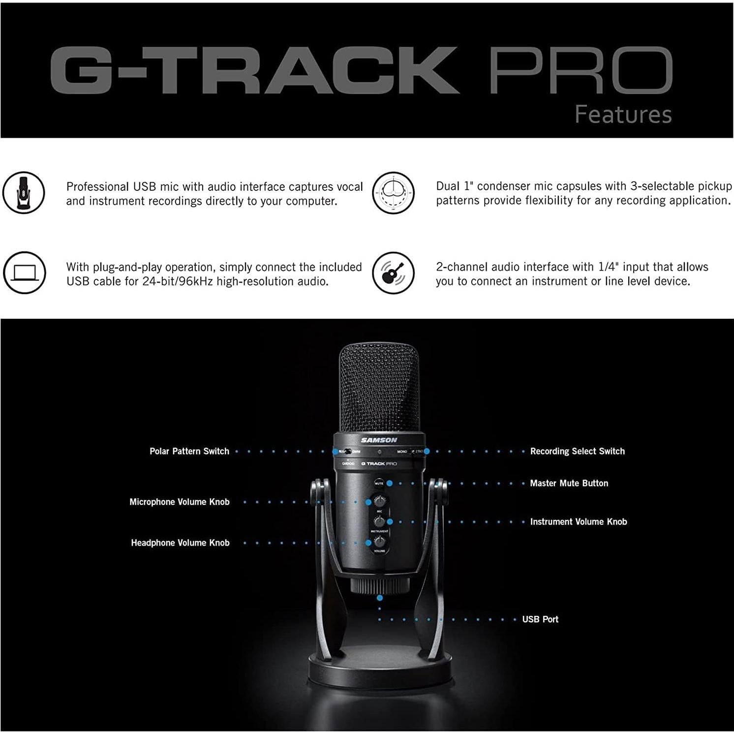 Micrófono USB Samson G-Track Pro 24 bits con filtro pop