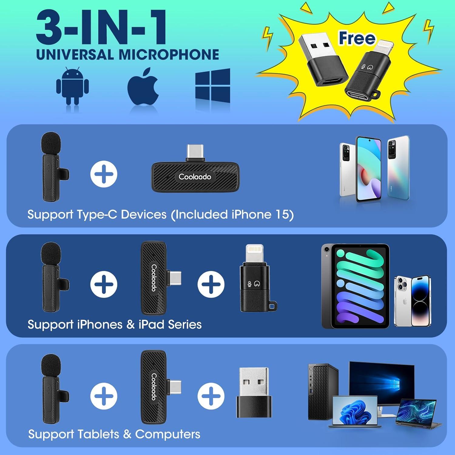 Micrófonos Lavalier Inalámbricos Coolaado 2 Pack con Reducción de Ruido