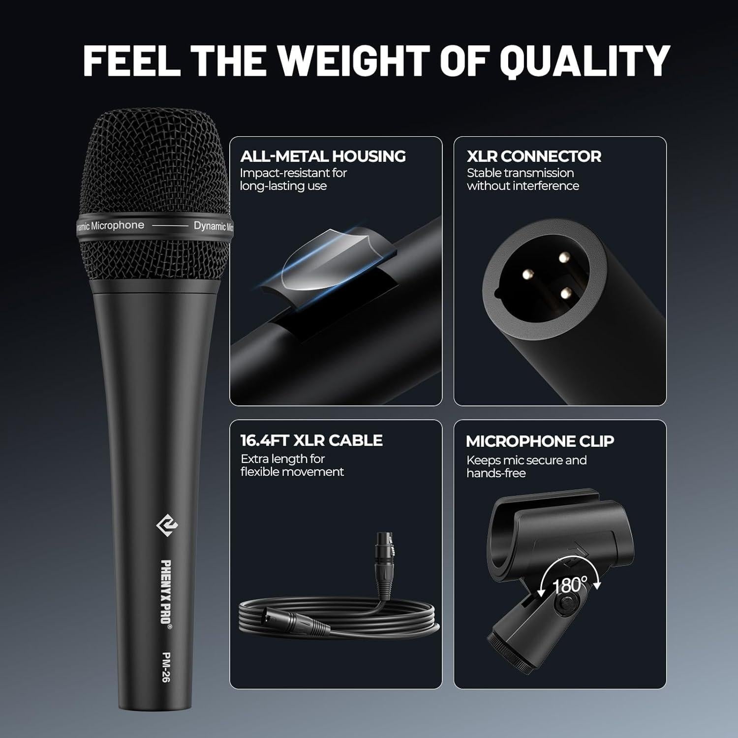 Micrófono Dinámico Supercardioide Phenyx Pro PM-26 con Cable XLR 5m