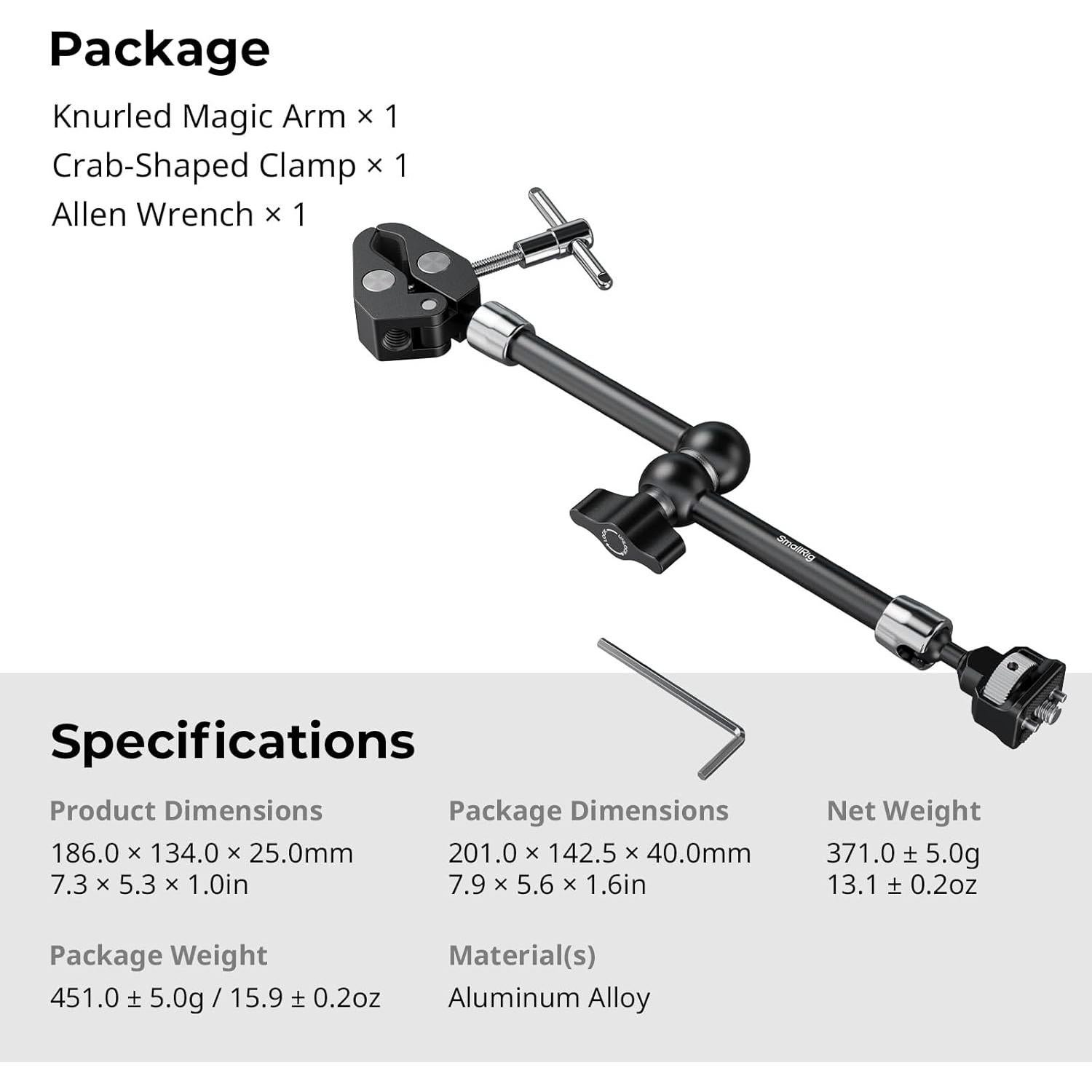 SMALLRIG 11 Inch Magic Arm with Crab-Shaped Clamp, Arm with 1/4"-20 Screw and Retractable Pins, for Action Cameras, Monitors, Video Lights, and Microphones - 5311