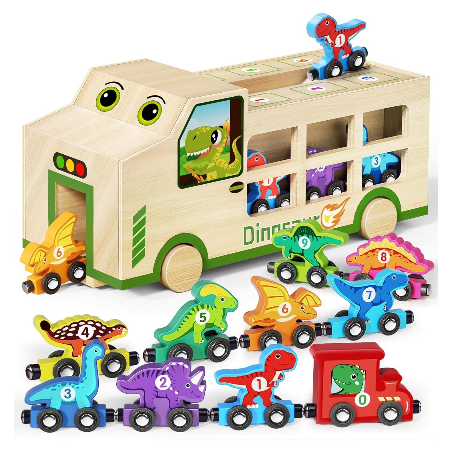 Camión y Tren de Dinosaurios GJZZ de Madera 10 Piezas