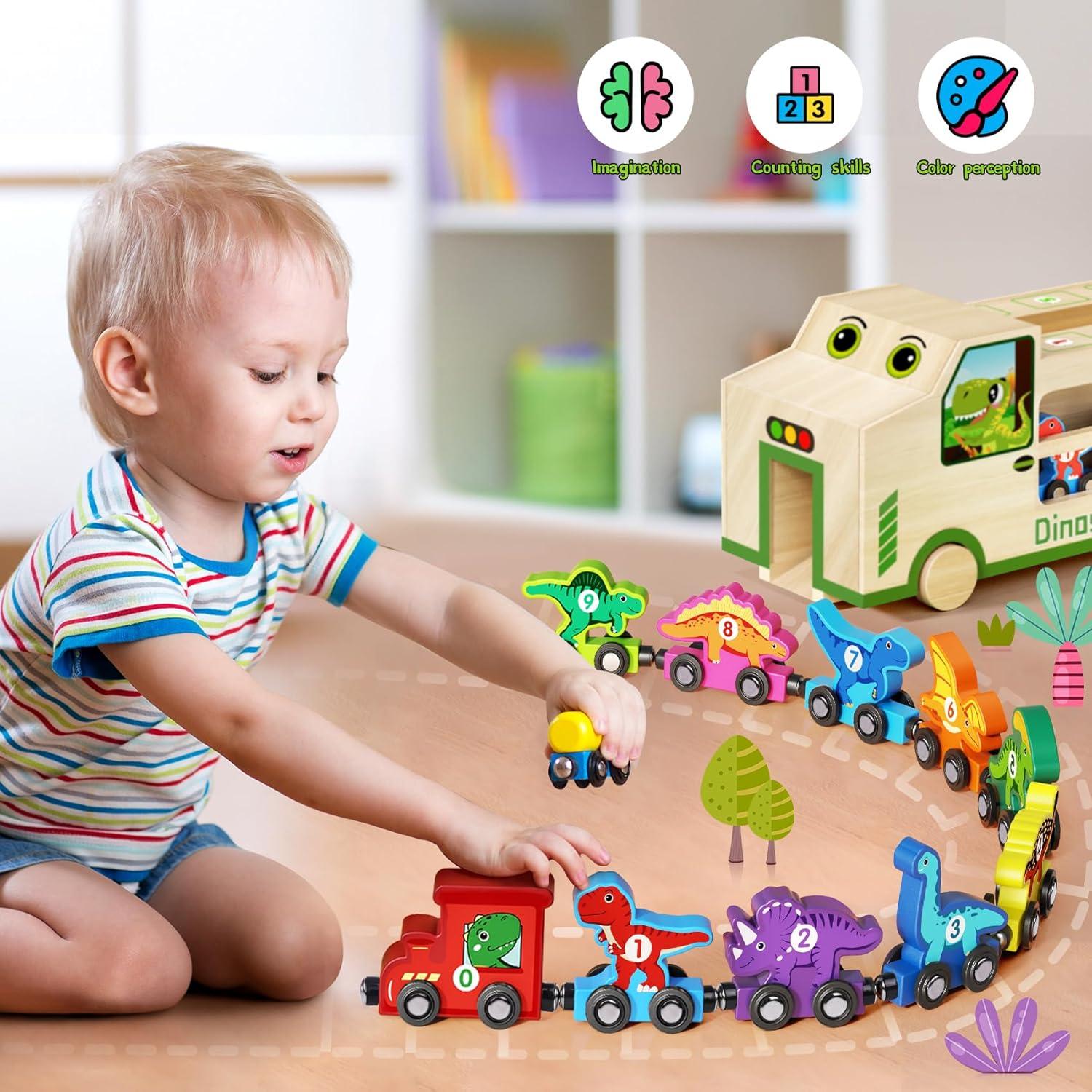 Camión y Tren de Dinosaurios GJZZ de Madera 10 Piezas