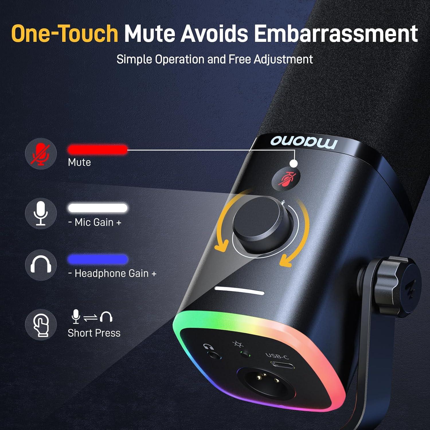 Micrófono Gaming MAONO PD100X USB/XLR con Luz RGB y Control