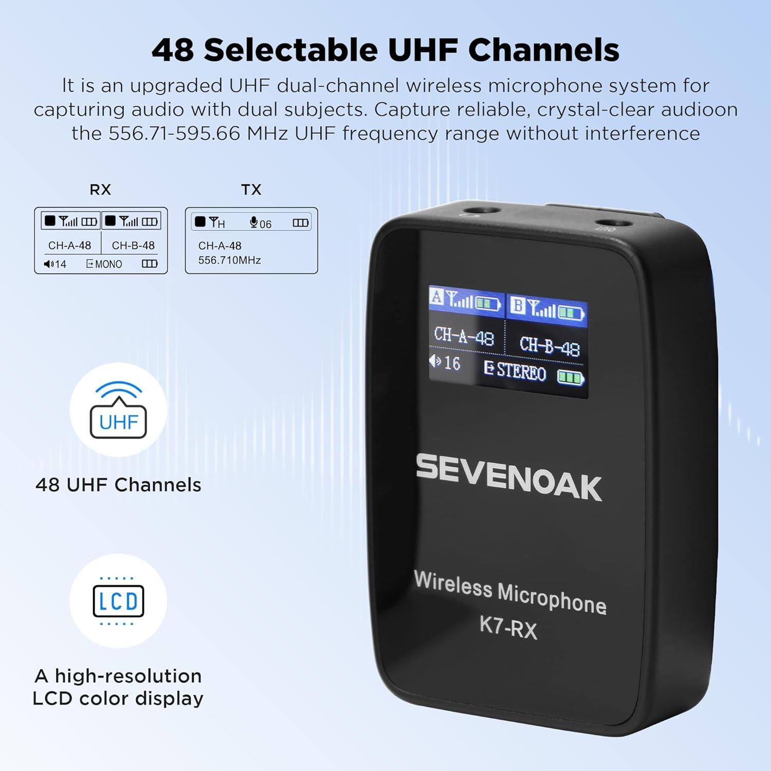 Micrófono Lavalier Inalámbrico UHF Sevenoak K7 50m 48 Canales