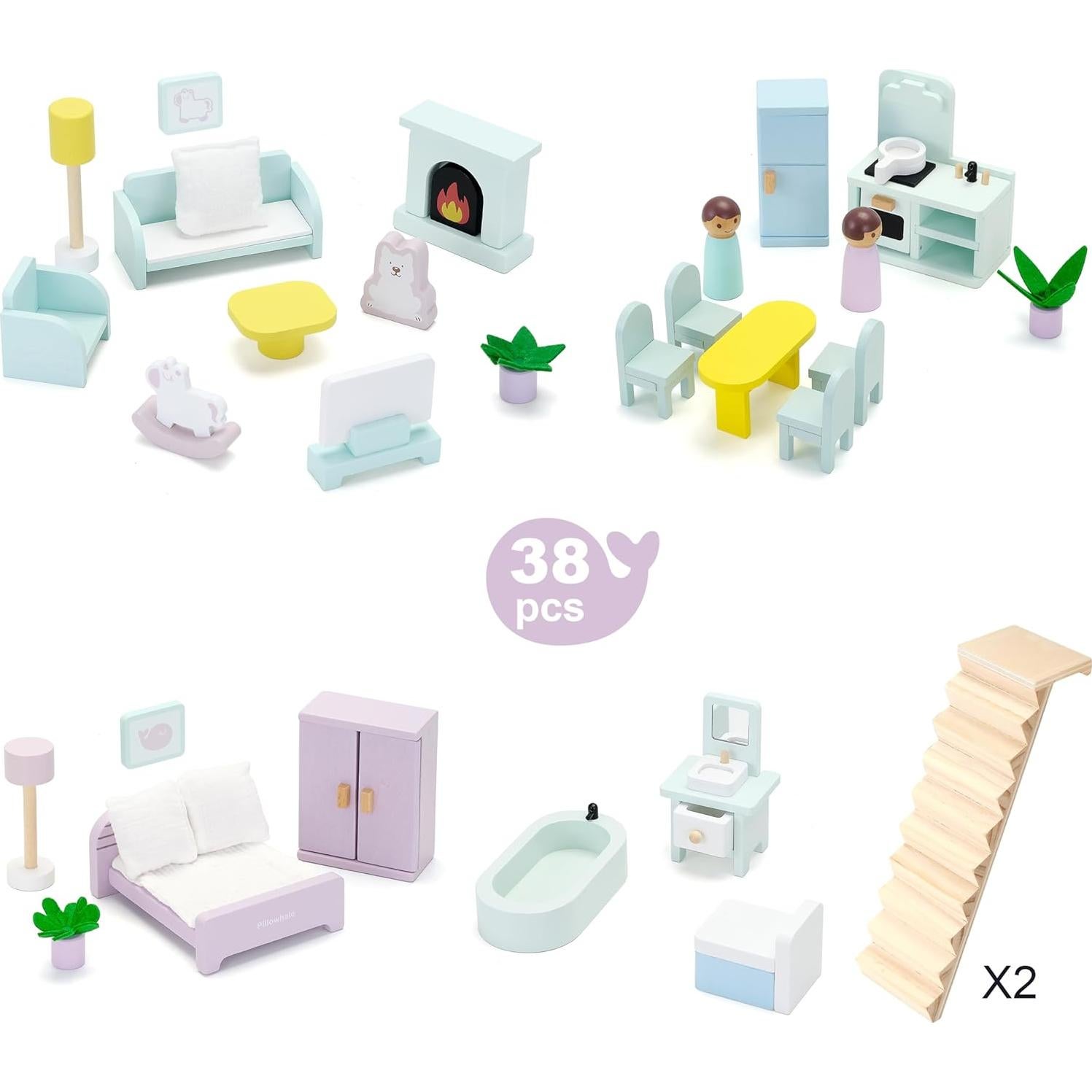 Casa de Muñecas de Madera Pillowhale 3 Pisos 38 Piezas