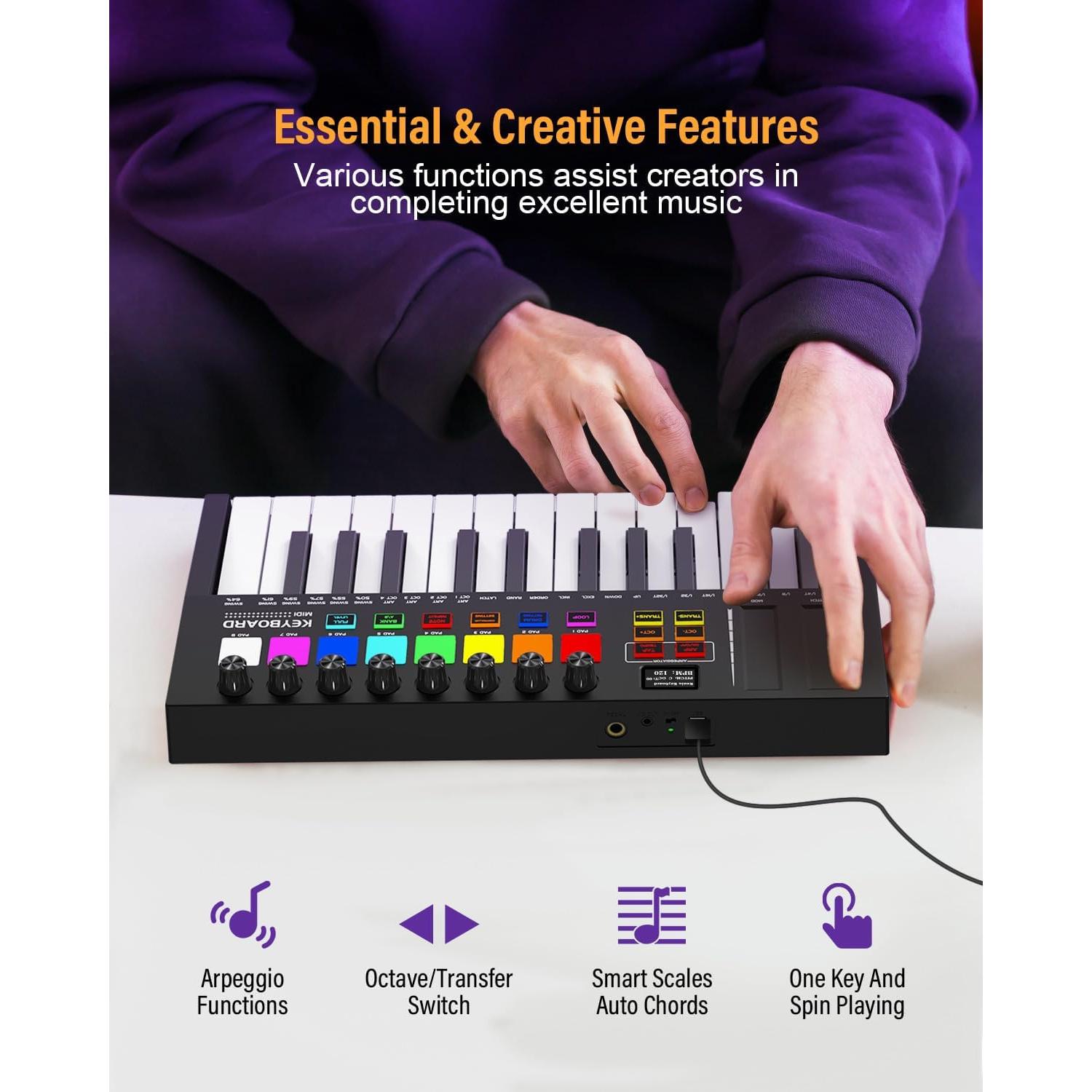 Controlador MIDI OYAYO 25 Teclas USB con Pads Retroiluminados