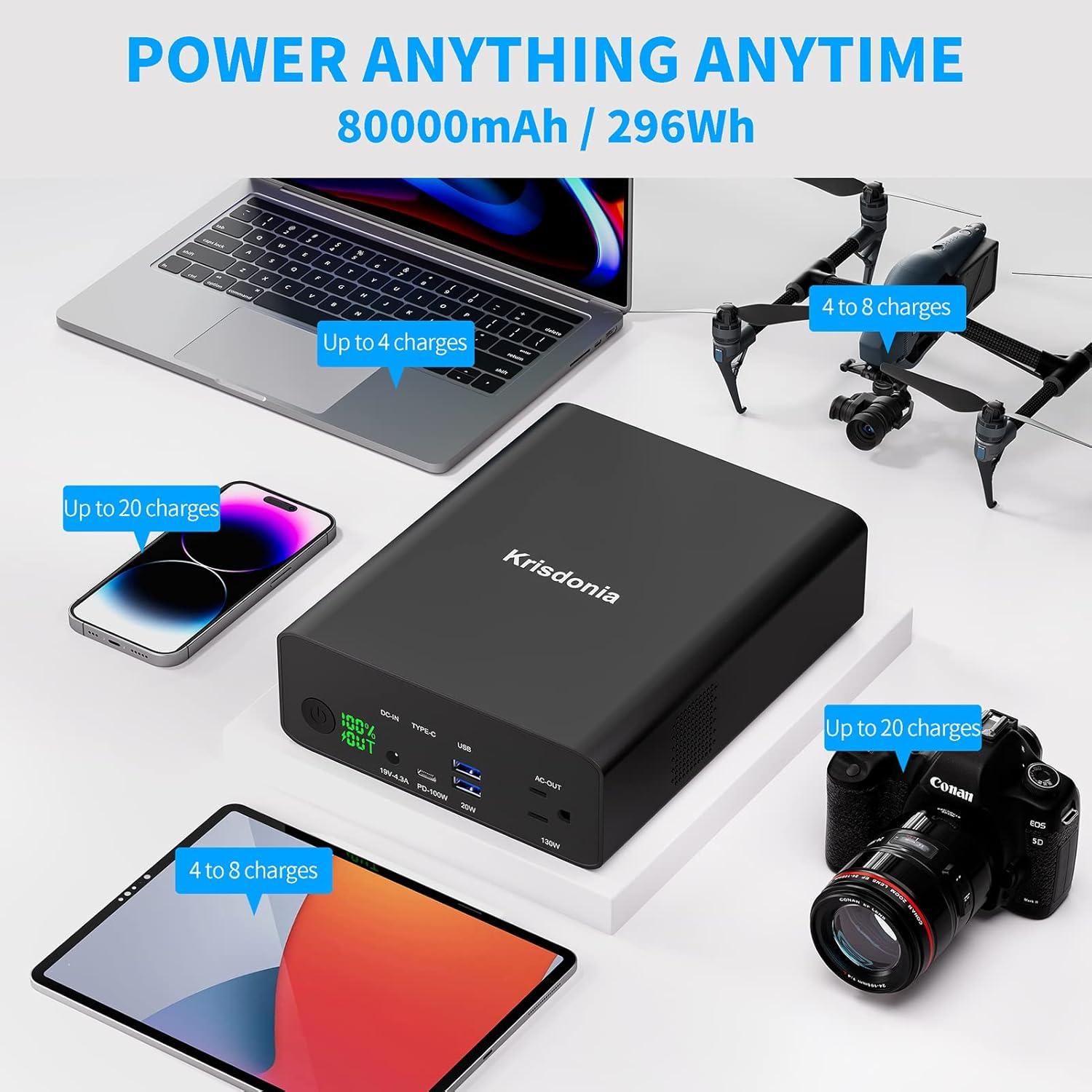 Krisdonia Power Bank 80000mAh 130W Cargador Portátil USB-C