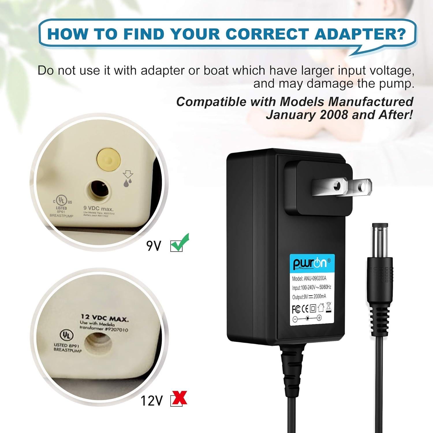 Adaptador de CA a CC 9V PwrON para Bombas Medela Pump in Style