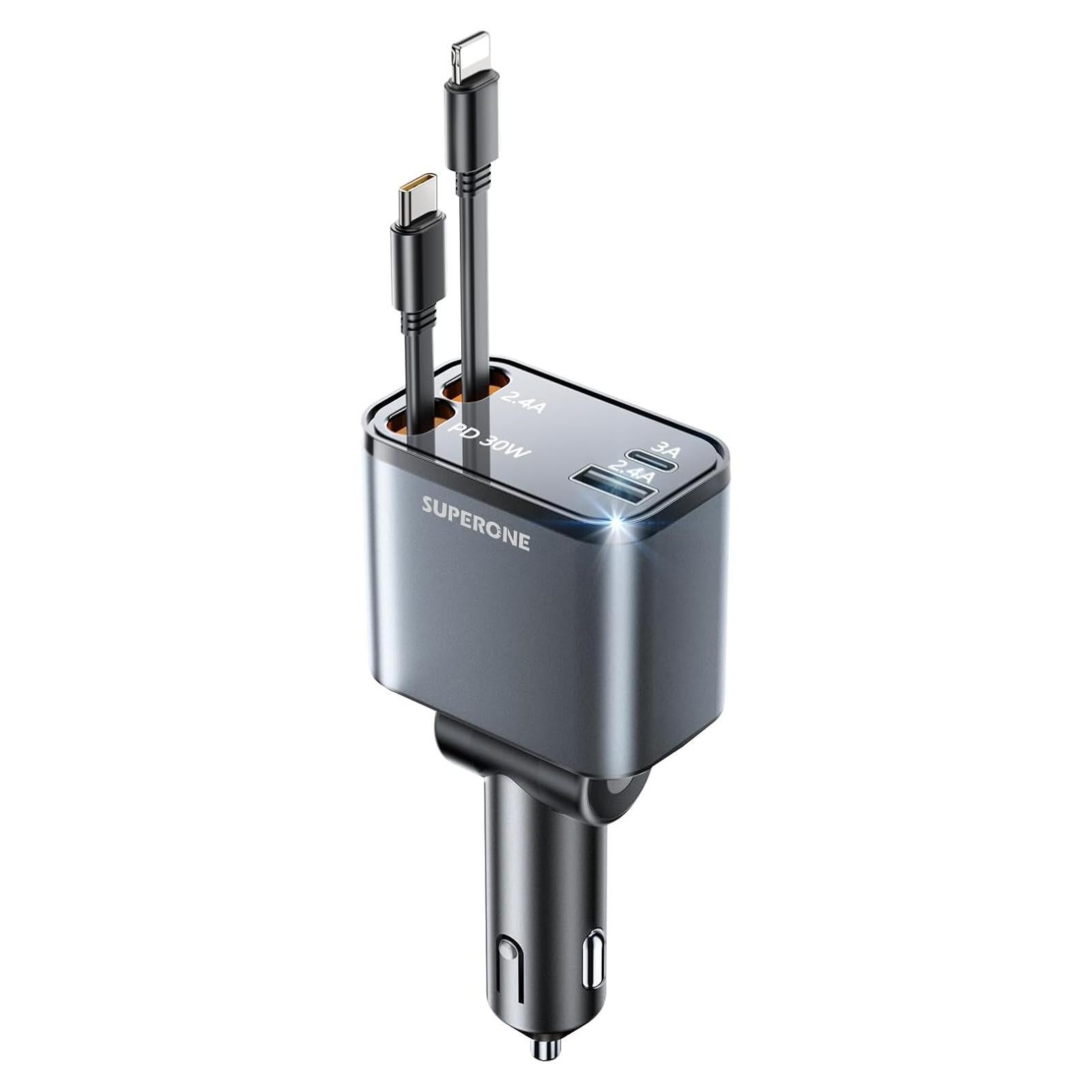 SUPERONE Smaller 69W Retractable Car Charger 4 in 1 Fast Car Phone Charger Adapter with Retractable Type C & L Cords, USB C Car Chargers for iPhone 17 16 15 14 13 12 Galaxy Pixel