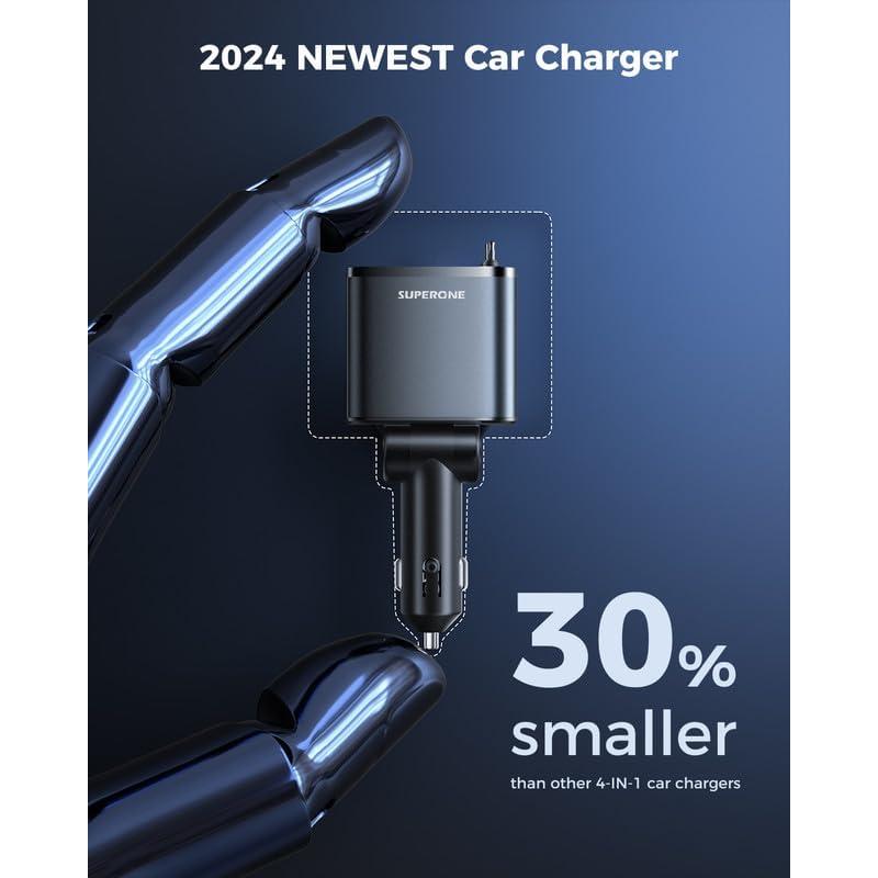 SUPERONE Smaller 69W Retractable Car Charger 4 in 1 Fast Car Phone Charger Adapter with Retractable Type C & L Cords, USB C Car Chargers for iPhone 17 16 15 14 13 12 Galaxy Pixel