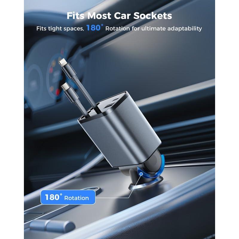 SUPERONE Smaller 69W Retractable Car Charger 4 in 1 Fast Car Phone Charger Adapter with Retractable Type C & L Cords, USB C Car Chargers for iPhone 17 16 15 14 13 12 Galaxy Pixel