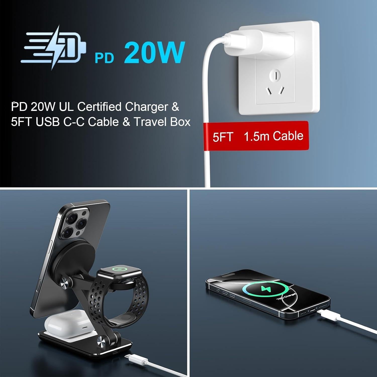 Cargador Inalámbrico 3 en 1 Egognaw para iPhone, Apple Watch y AirPods