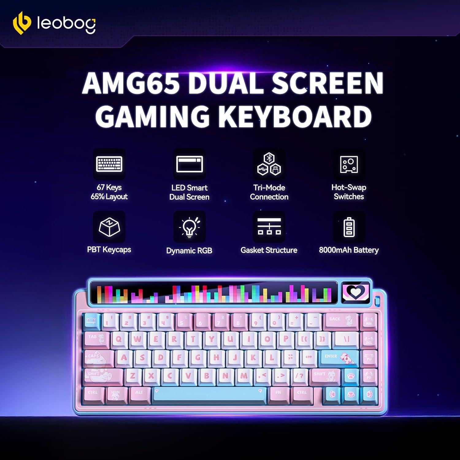 Teclado Mecánico Inalámbrico AMG65 RGB 65% LEOBOG Rosa/Azul