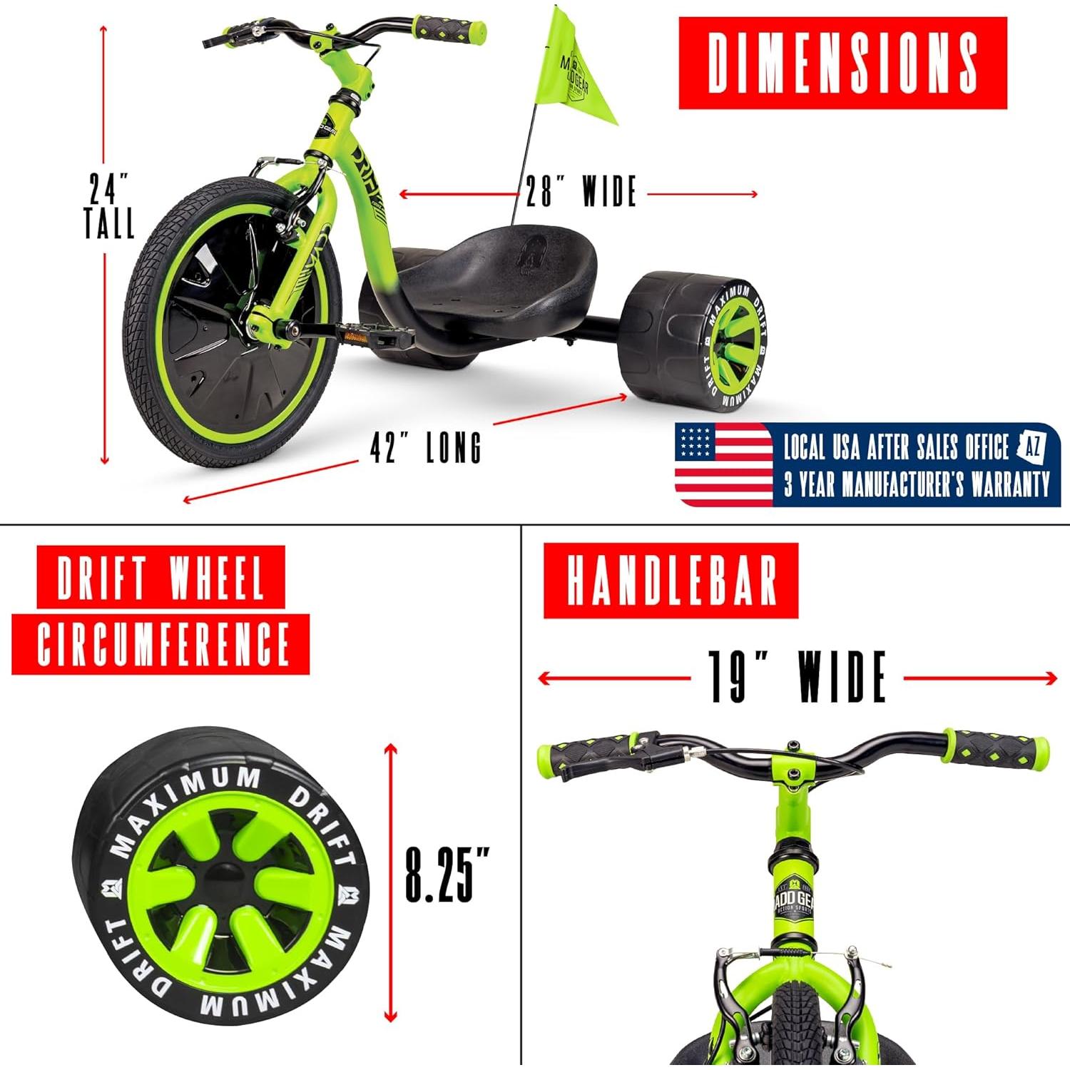 Triciclo Drift Madd Gear Verde Negro 16" (40.64 cm) Ajustable