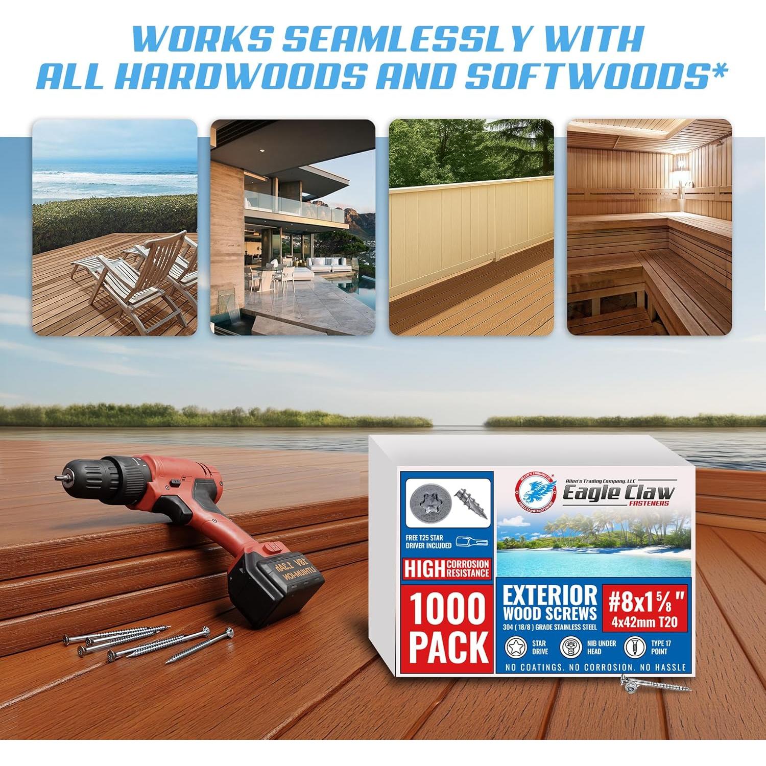 Tornillos de Madera Eagle Claw #8 x 4.1 cm Acero Inoxidable 304 (100 uds)