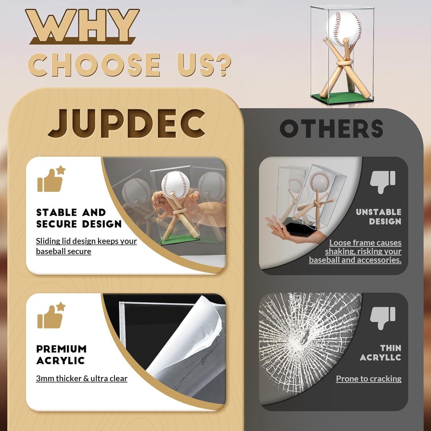 Estuche de Exhibición de Béisbol JupDec con Soporte de Madera