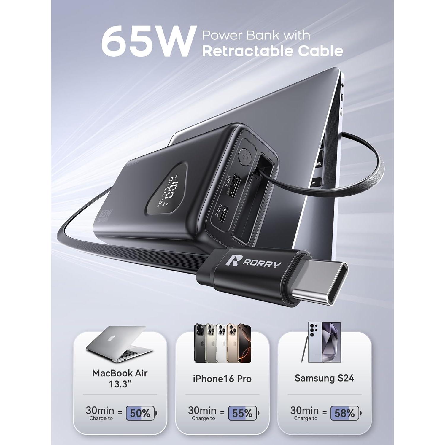 Banco de Energía RORRY 25000mAh 65W Cargador Portátil Negro