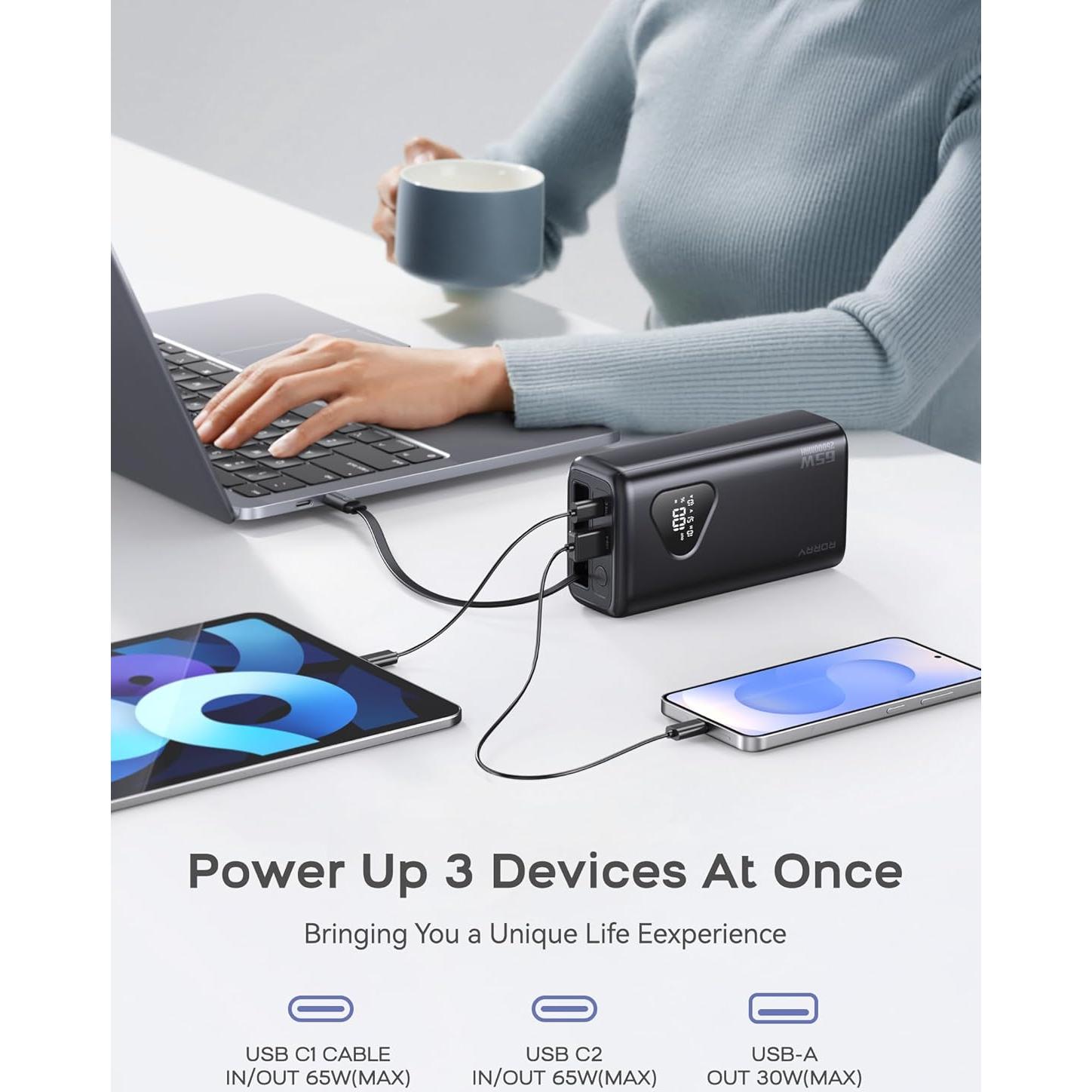 Banco de Energía RORRY 25000mAh 65W Cargador Portátil Negro