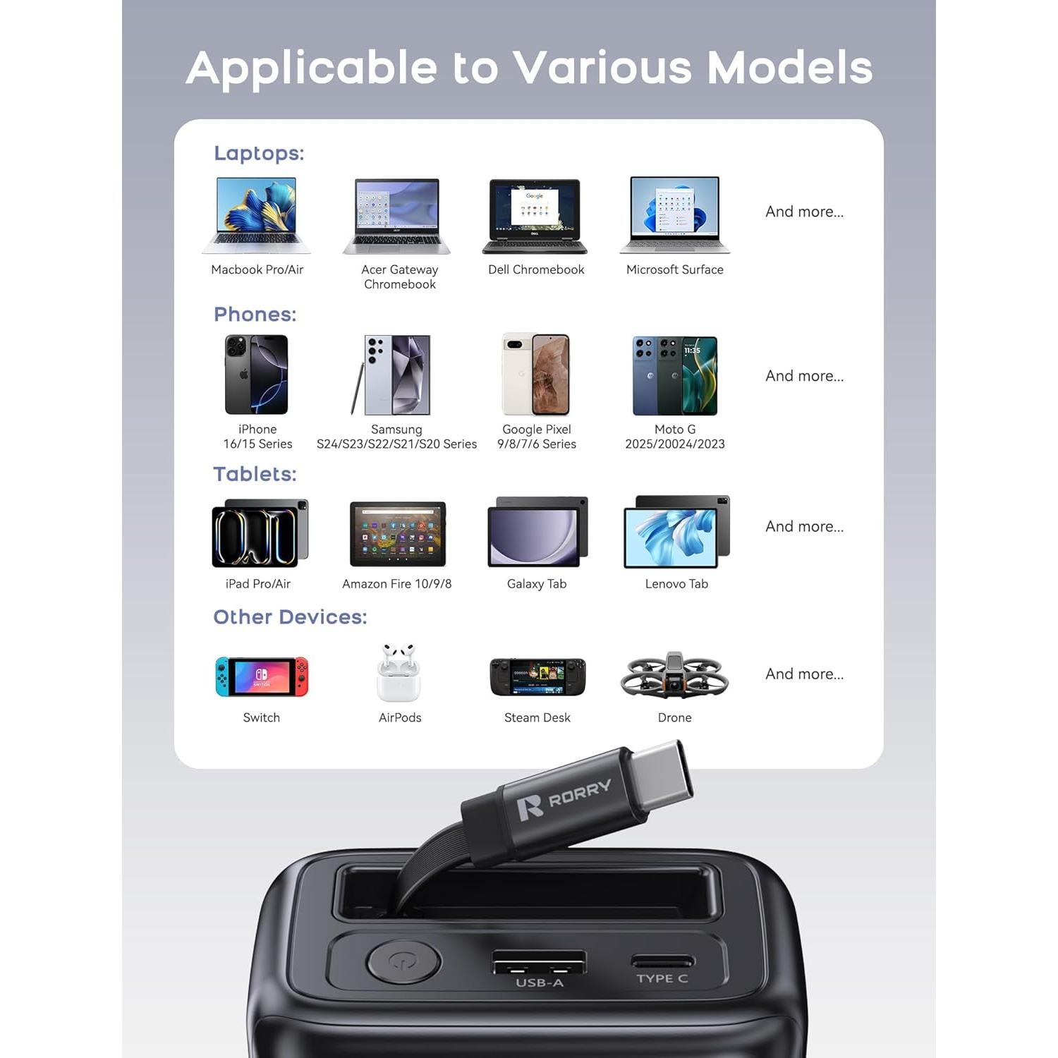 Banco de Energía RORRY 25000mAh 65W Cargador Portátil Negro