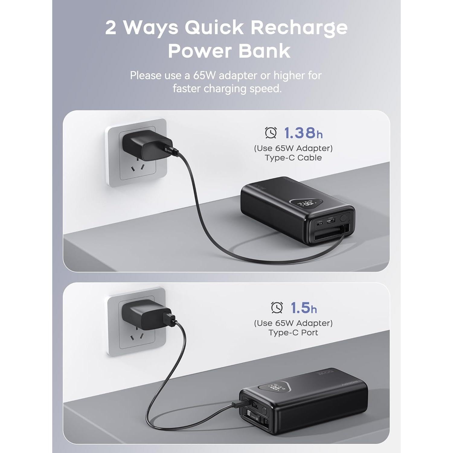 Banco de Energía RORRY 25000mAh 65W Cargador Portátil Negro