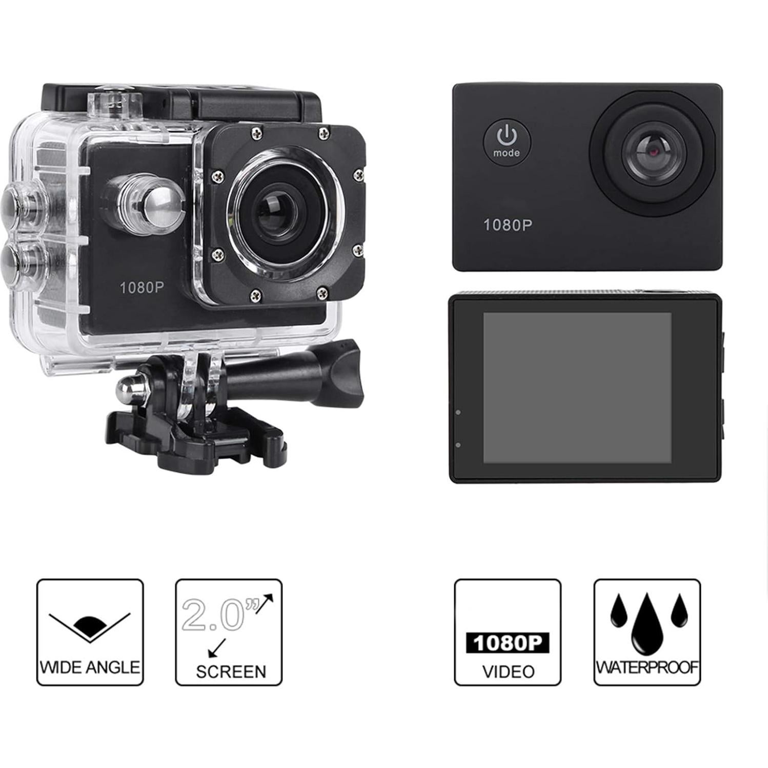 Cámara de acción ASHATA 1080P HD 30m sumergible negra